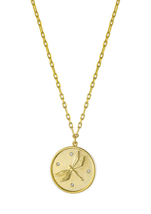 Yellow Gold Fine Silver Plated Dragonfly with Cubic Zirconia Round Pendant Necklace