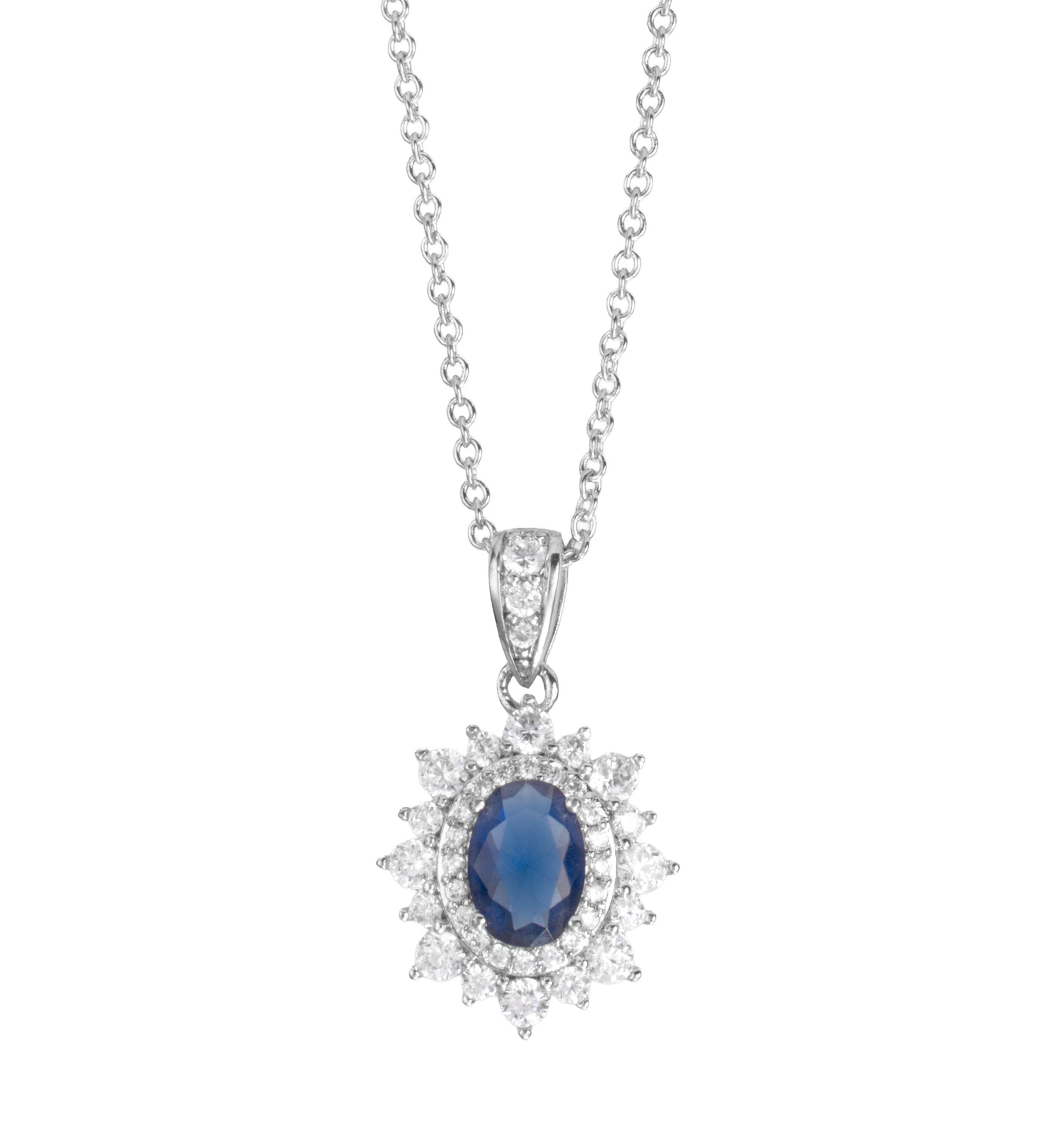  Blue Cubic Zirconia Oval Halo Pendant Necklace