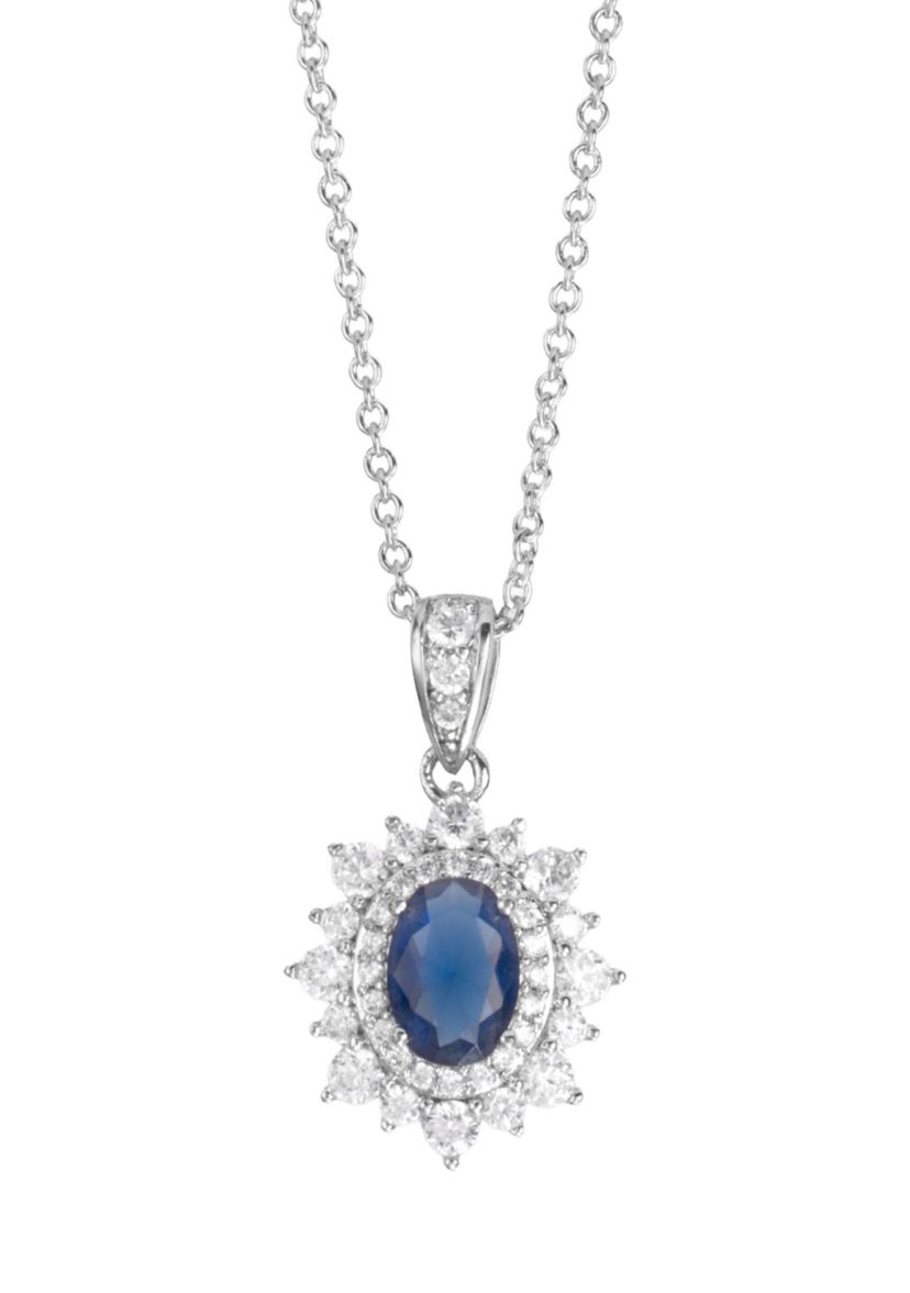  Blue Cubic Zirconia Oval Halo Pendant Necklace