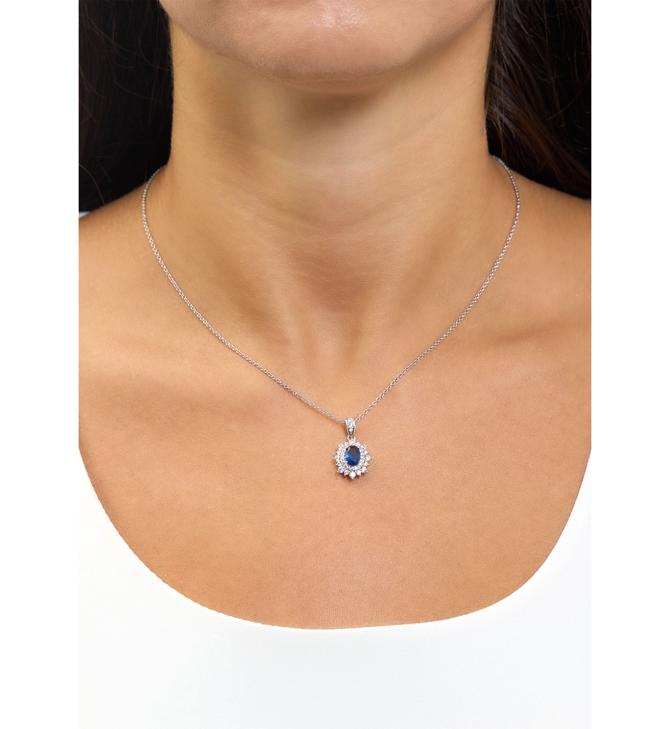  Blue Cubic Zirconia Oval Halo Pendant Necklace
