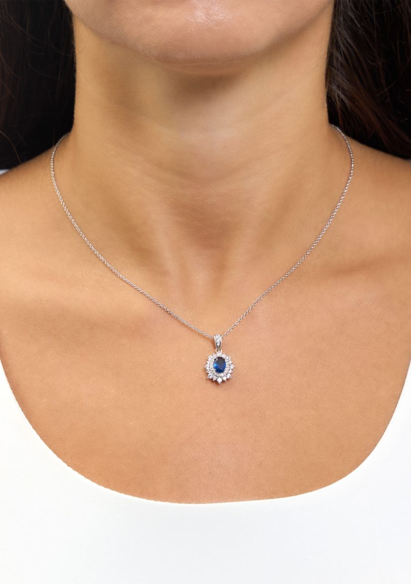  Blue Cubic Zirconia Oval Halo Pendant Necklace