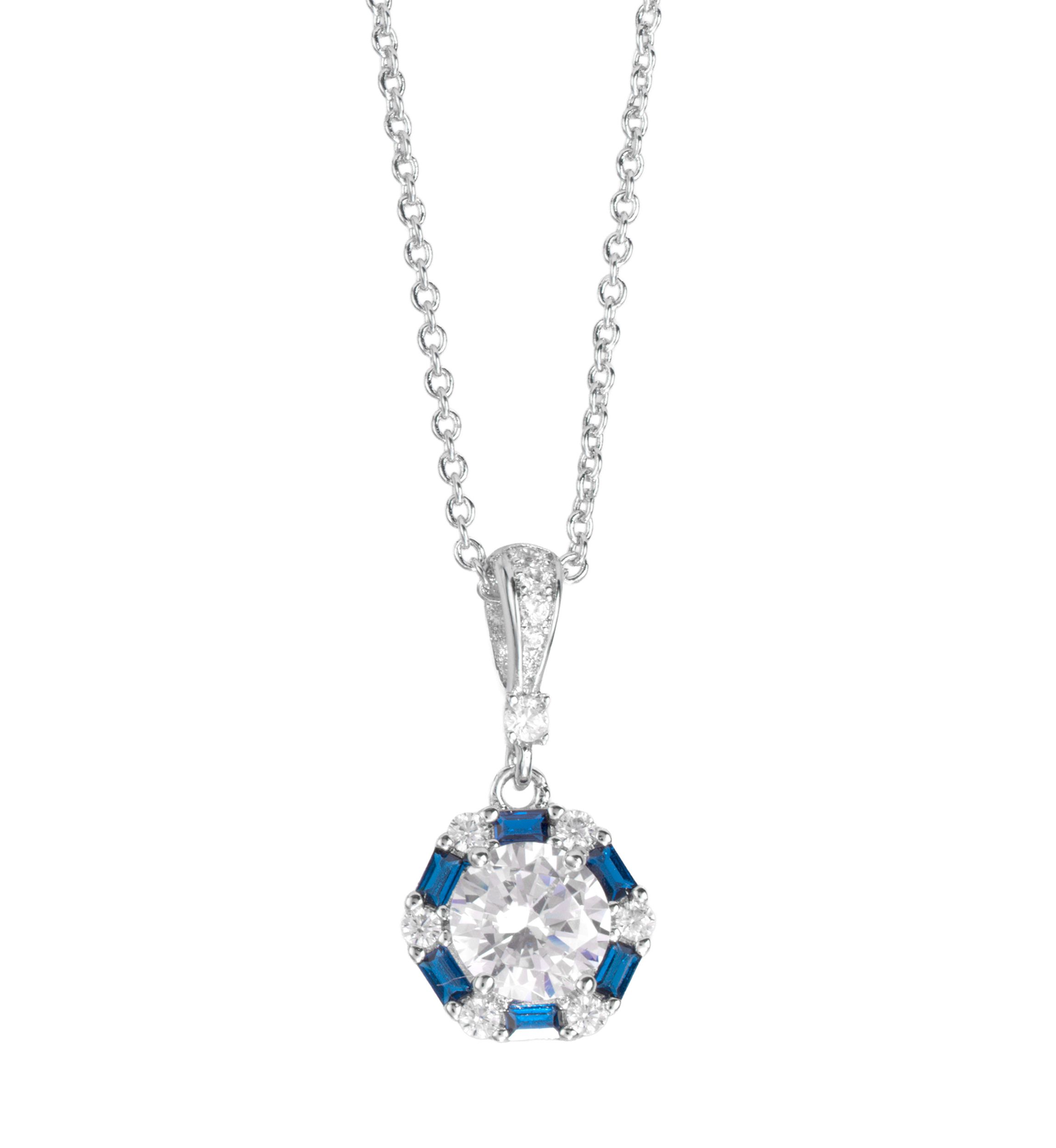 Silver Plated  Dark Blue Cubic Zirconia Halo Necklace