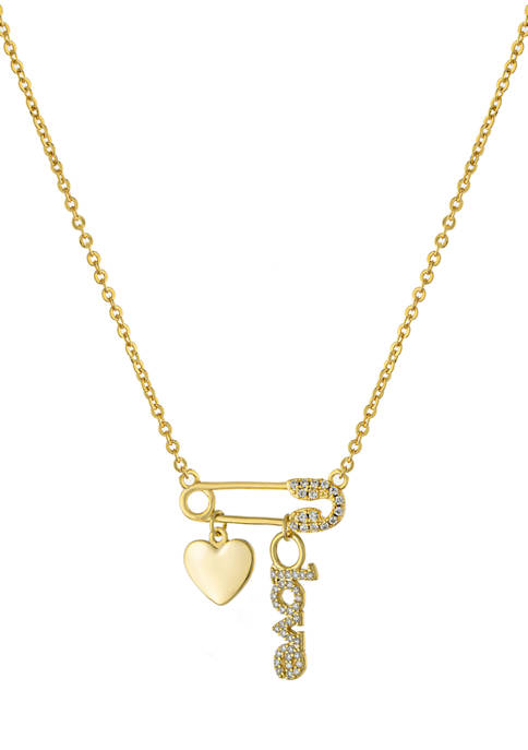 Yellow Gold Fine Silver Plated Cubic Zirconia Safety Pin Love and Heart Charm Necklace