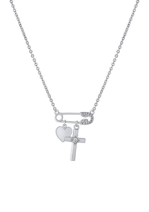 Fine Silver Plated 16 Inch + 2 Inch Cubic Zirconia Safety Pin,Heart & Cross Pendant Necklace