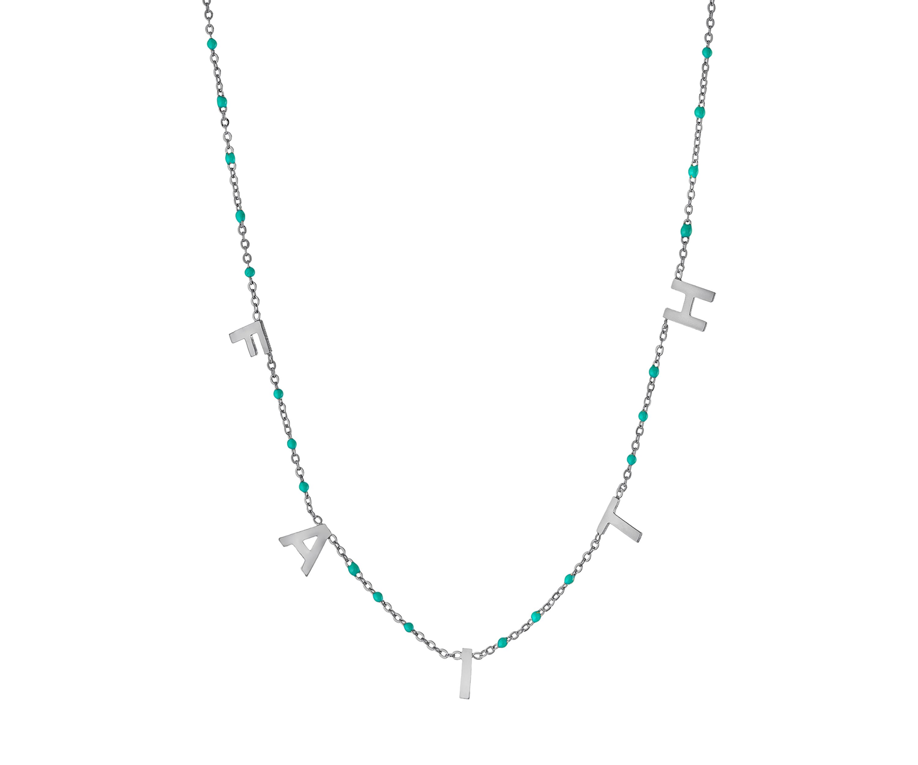 16 Inch Fine Silver Plated Aqua Beaded Enamel Faith Necklace 