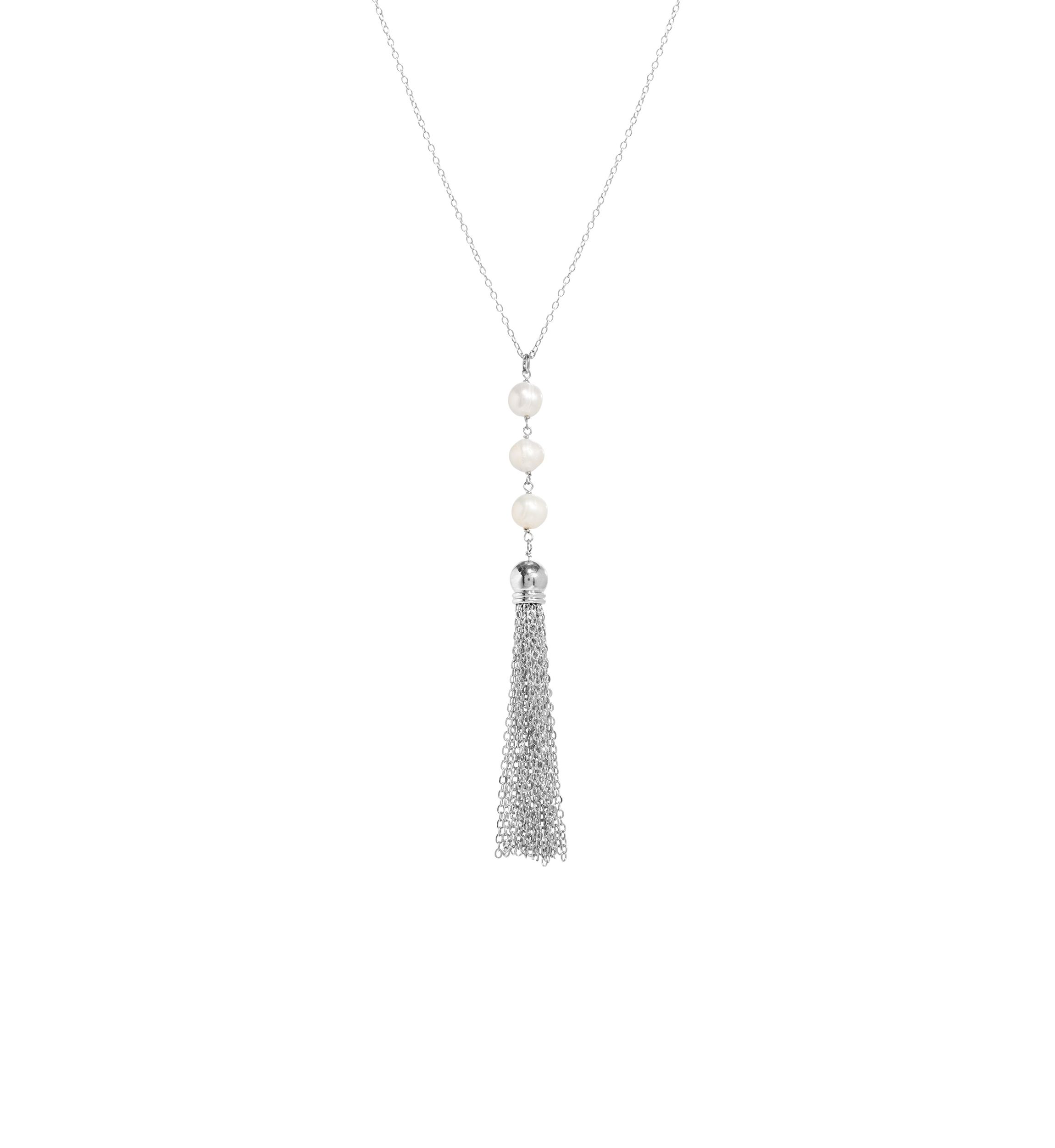 Silver Plated 30" 3 Pearl Drop Tassel Necklace