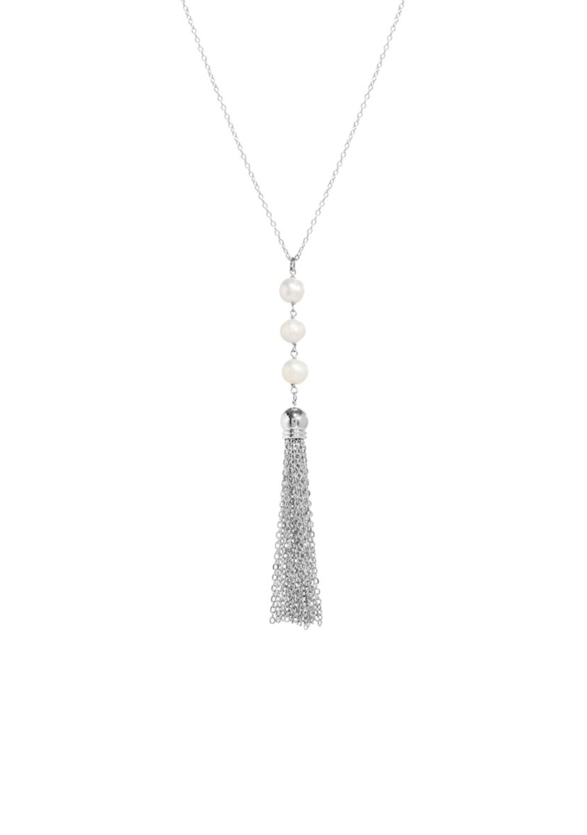 Silver Plated 30" 3 Pearl Drop Tassel Necklace