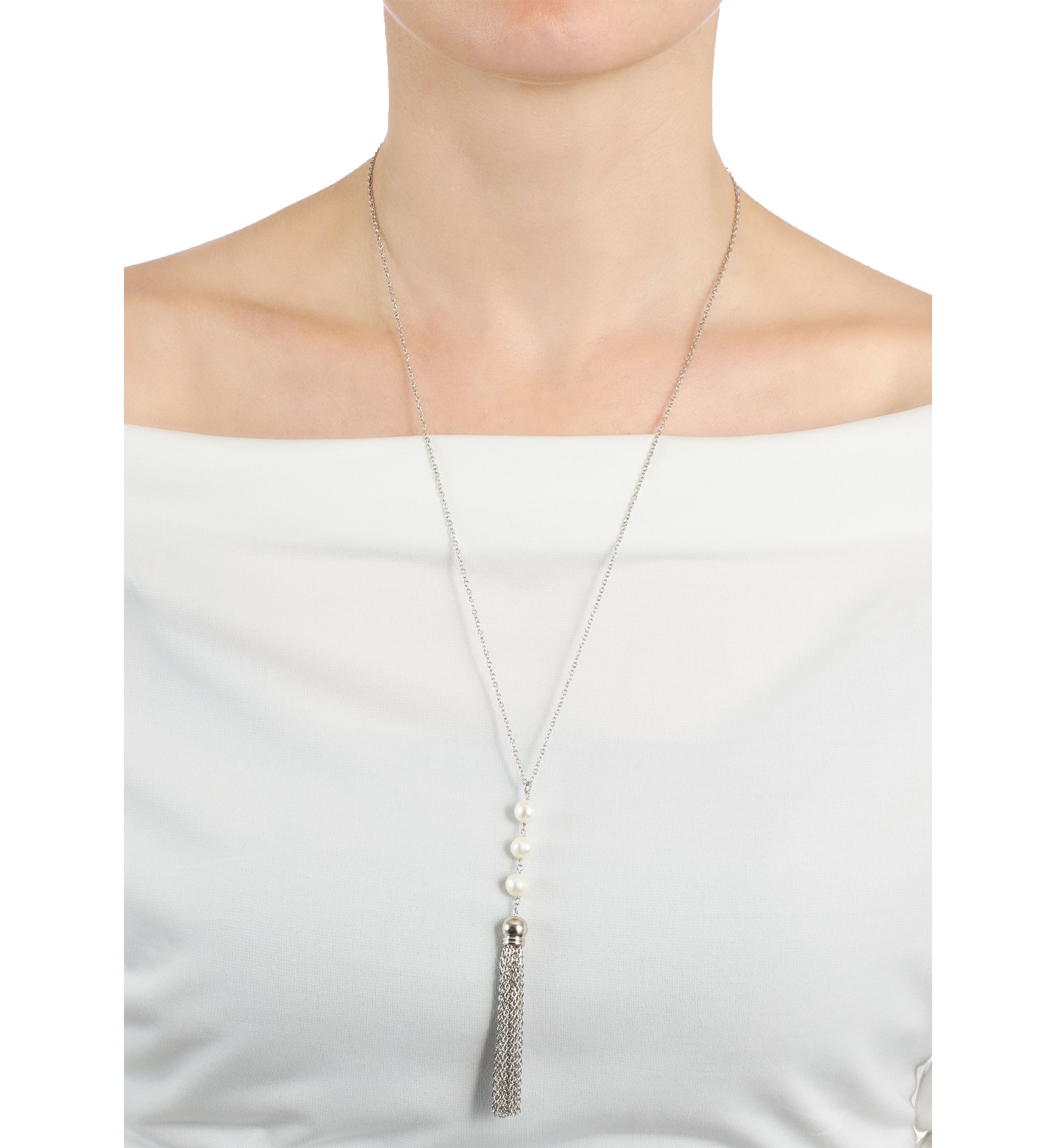 Silver Plated 30" 3 Pearl Drop Tassel Necklace