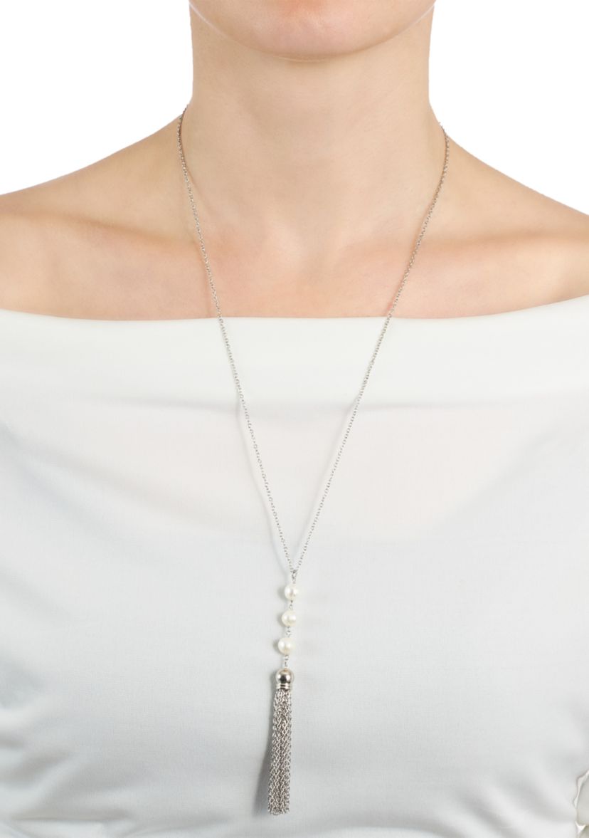 Silver Plated 30" 3 Pearl Drop Tassel Necklace