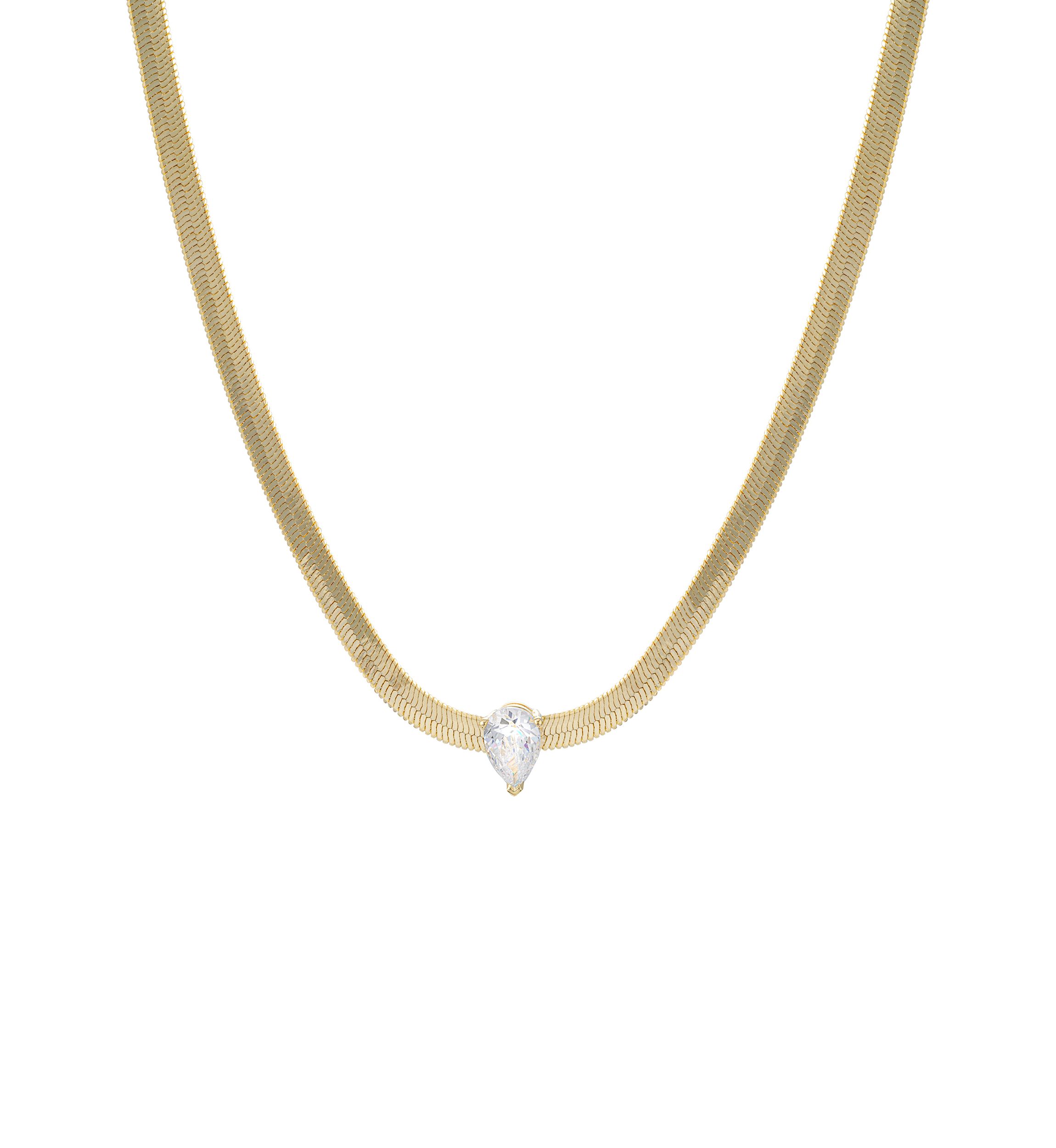 Gold Over Silver Plated 16 + 2 Inch Cubic Zirconia Pear Herringbone Necklace
