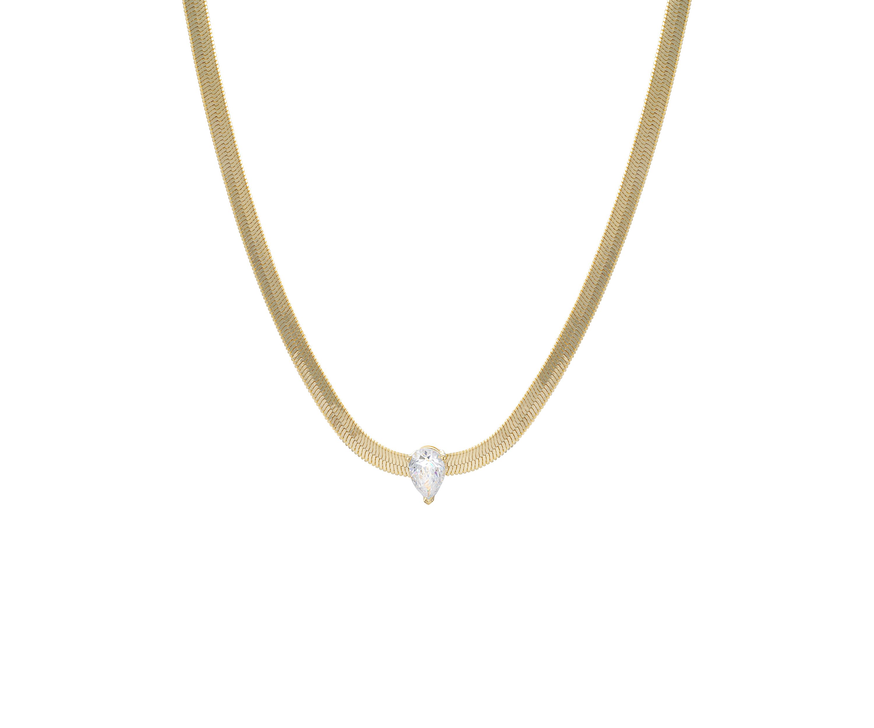 Gold Over Silver Plated 16 + 2 Inch Cubic Zirconia Pear Herringbone Necklace
