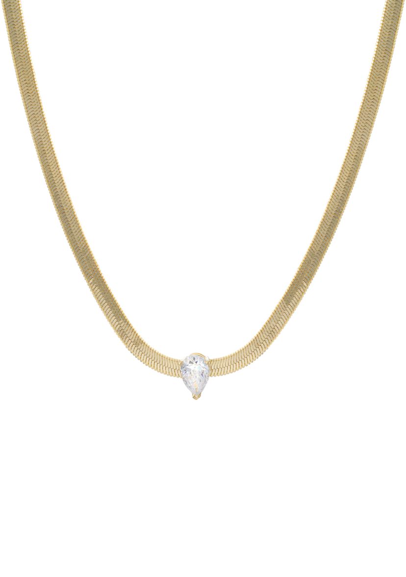 Gold Over Silver Plated 16 + 2 Inch Cubic Zirconia Pear Herringbone Necklace