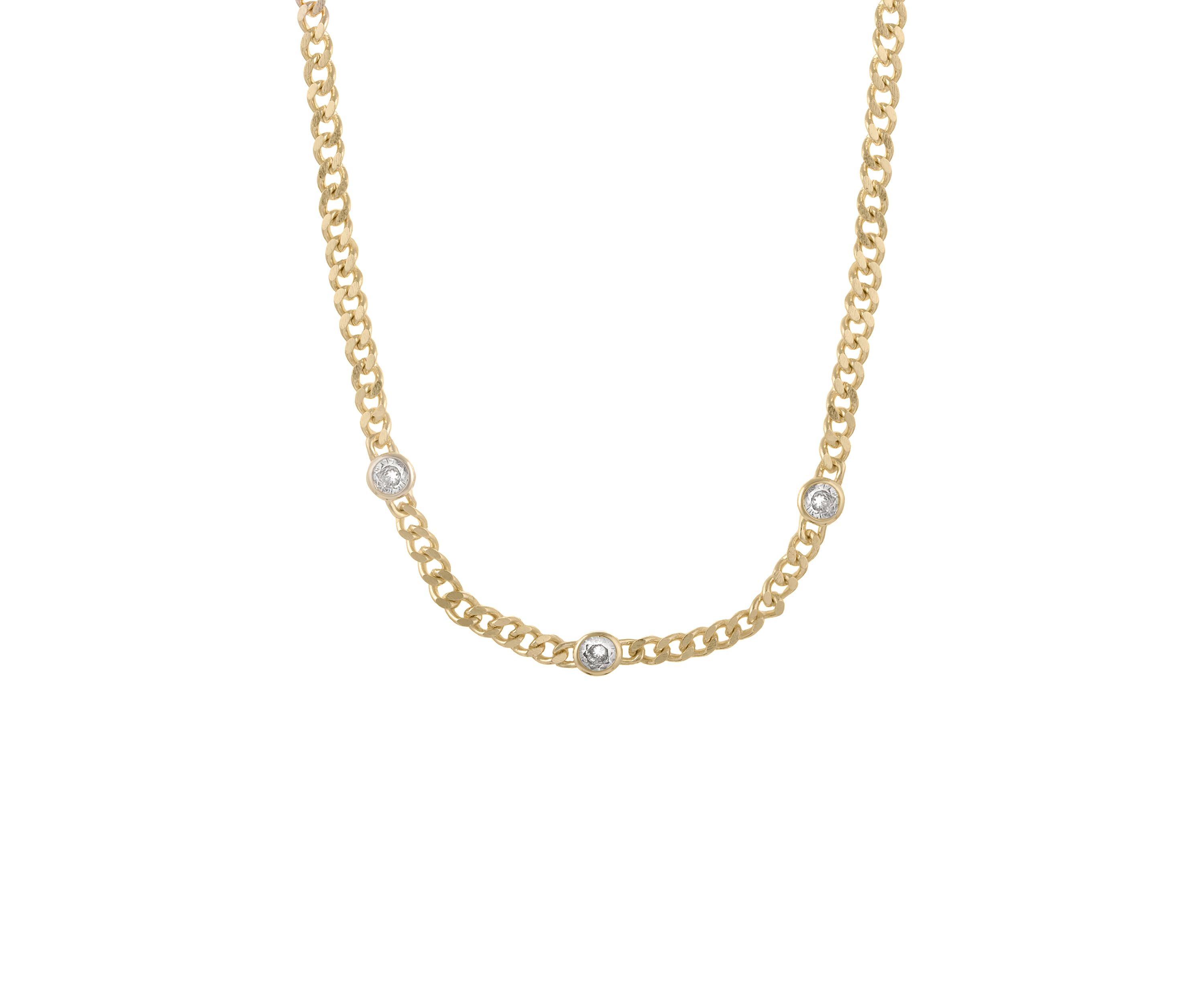 Gold Over Fine Silver Plated 16" + 2" 3 Bezel Cubic Zirconia Curb Chain Necklace