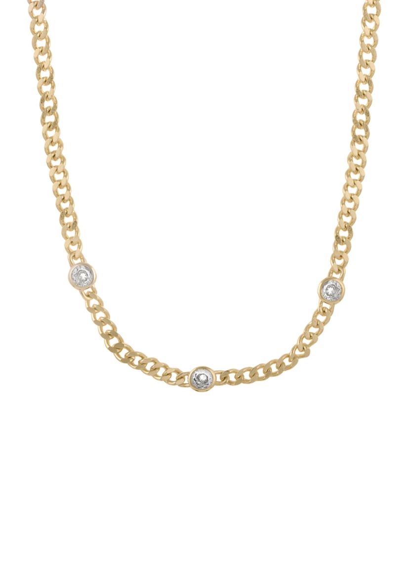 Gold Over Fine Silver Plated 16" + 2" 3 Bezel Cubic Zirconia Curb Chain Necklace