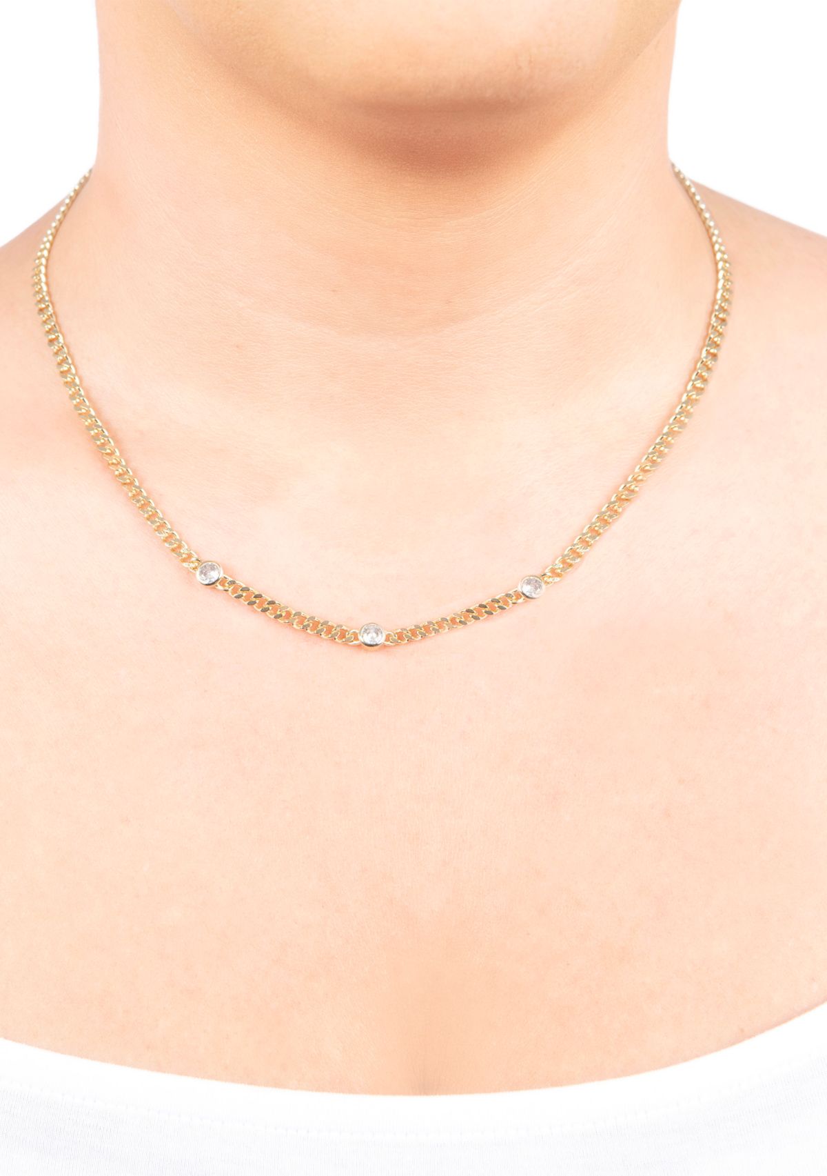 Gold Over Fine Silver Plated 16" + 2" 3 Bezel Cubic Zirconia Curb Chain Necklace
