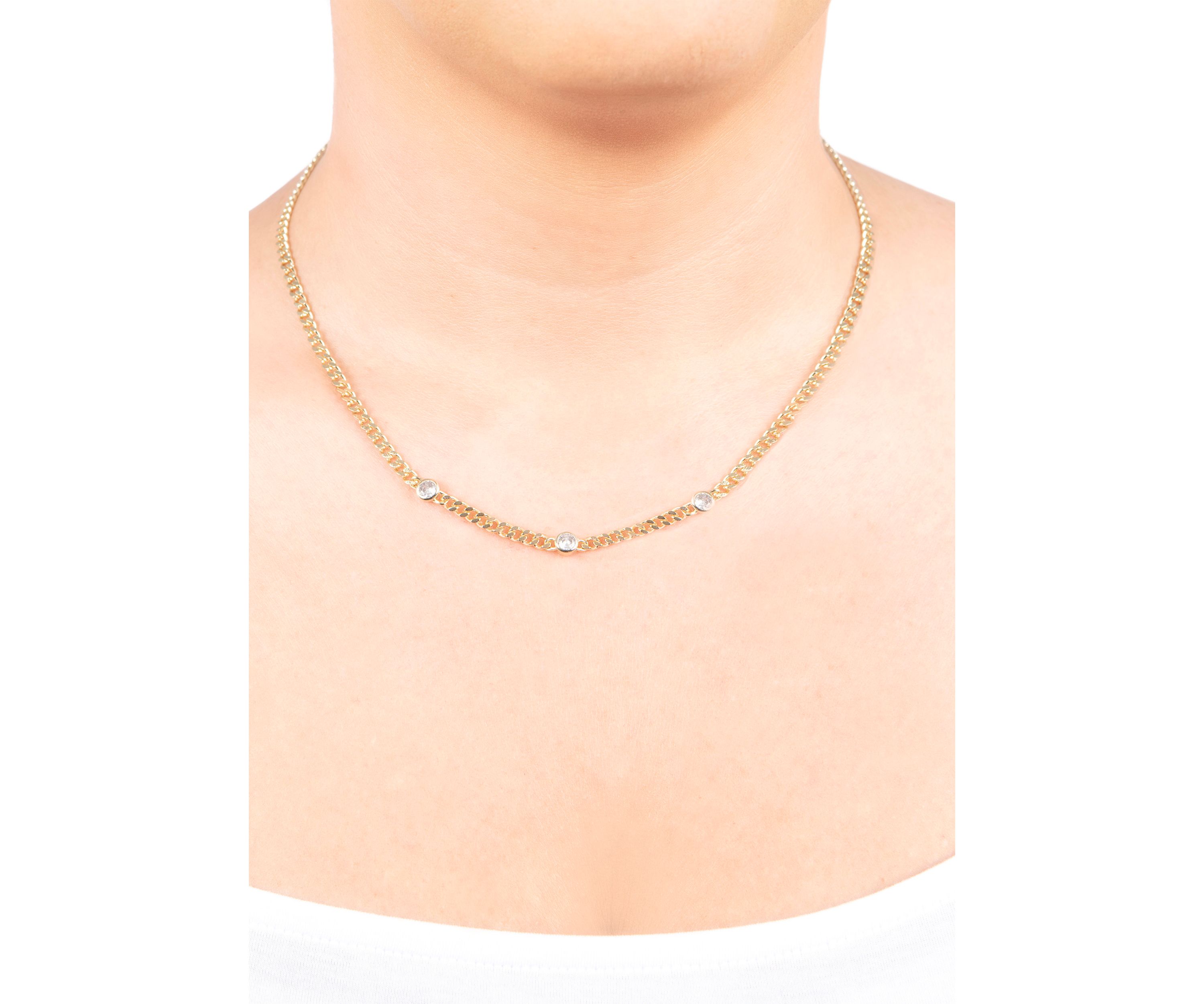 Gold Over Fine Silver Plated 16" + 2" 3 Bezel Cubic Zirconia Curb Chain Necklace