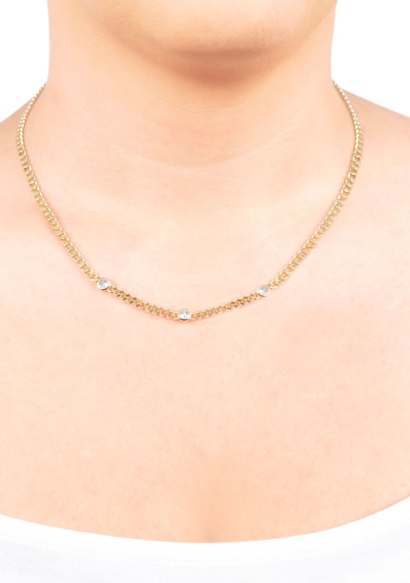Gold Over Fine Silver Plated 16" + 2" 3 Bezel Cubic Zirconia Curb Chain Necklace