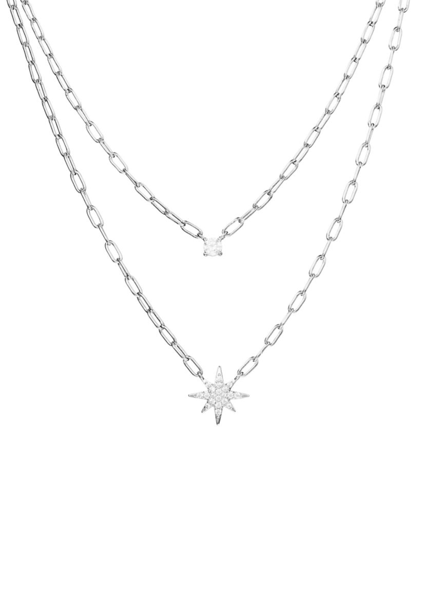 Silver Plated Cubic Zirconia Starburst and Bezel Double Chain Necklace