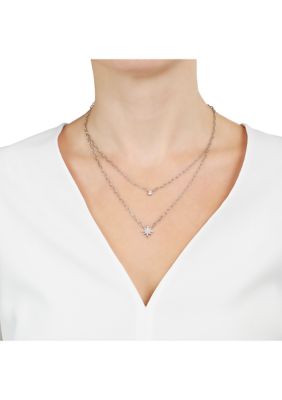 Silver Plated Cubic Zirconia Starburst and Bezel Double Chain Necklace