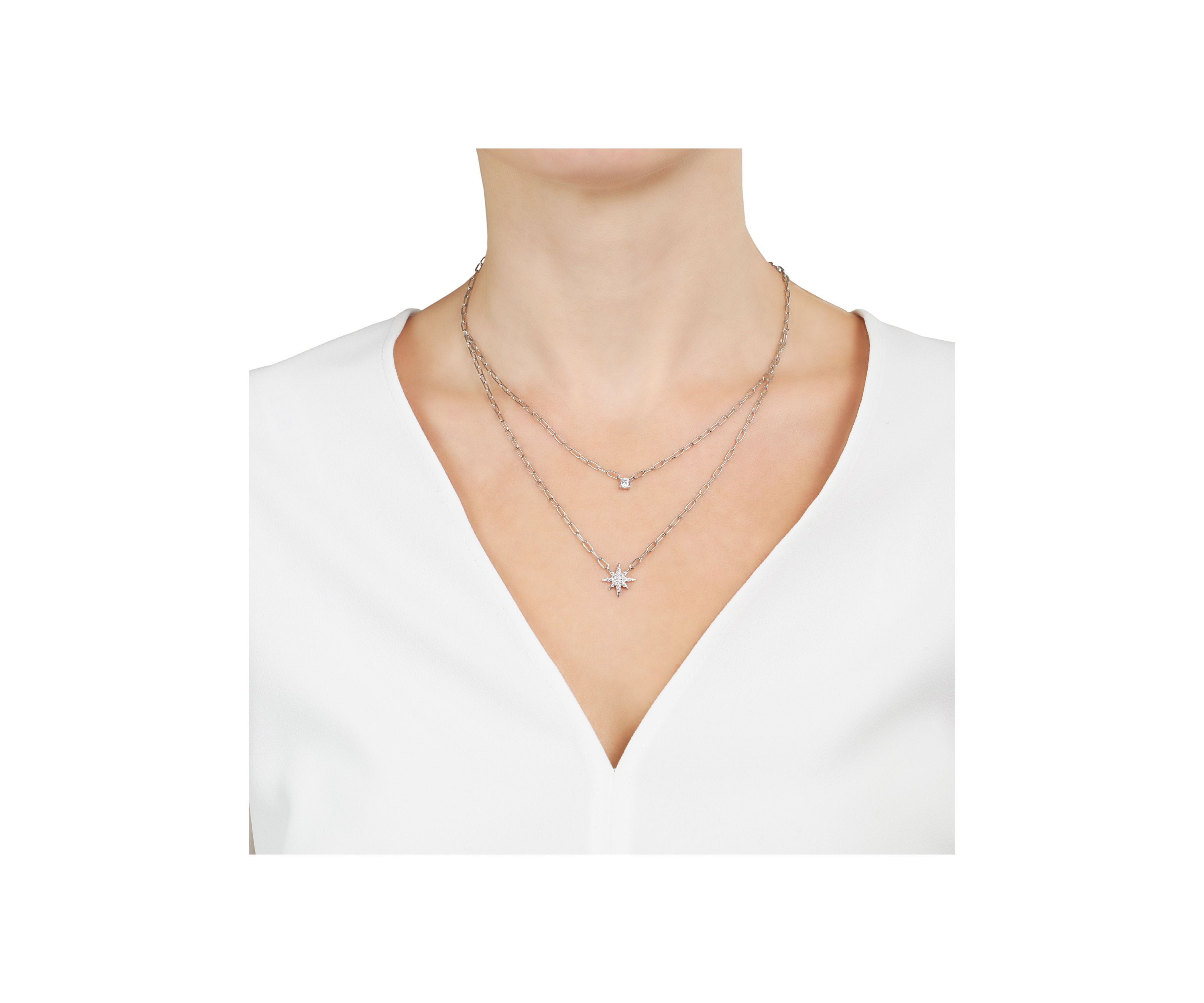 Silver Plated Cubic Zirconia Starburst and Bezel Double Chain Necklace