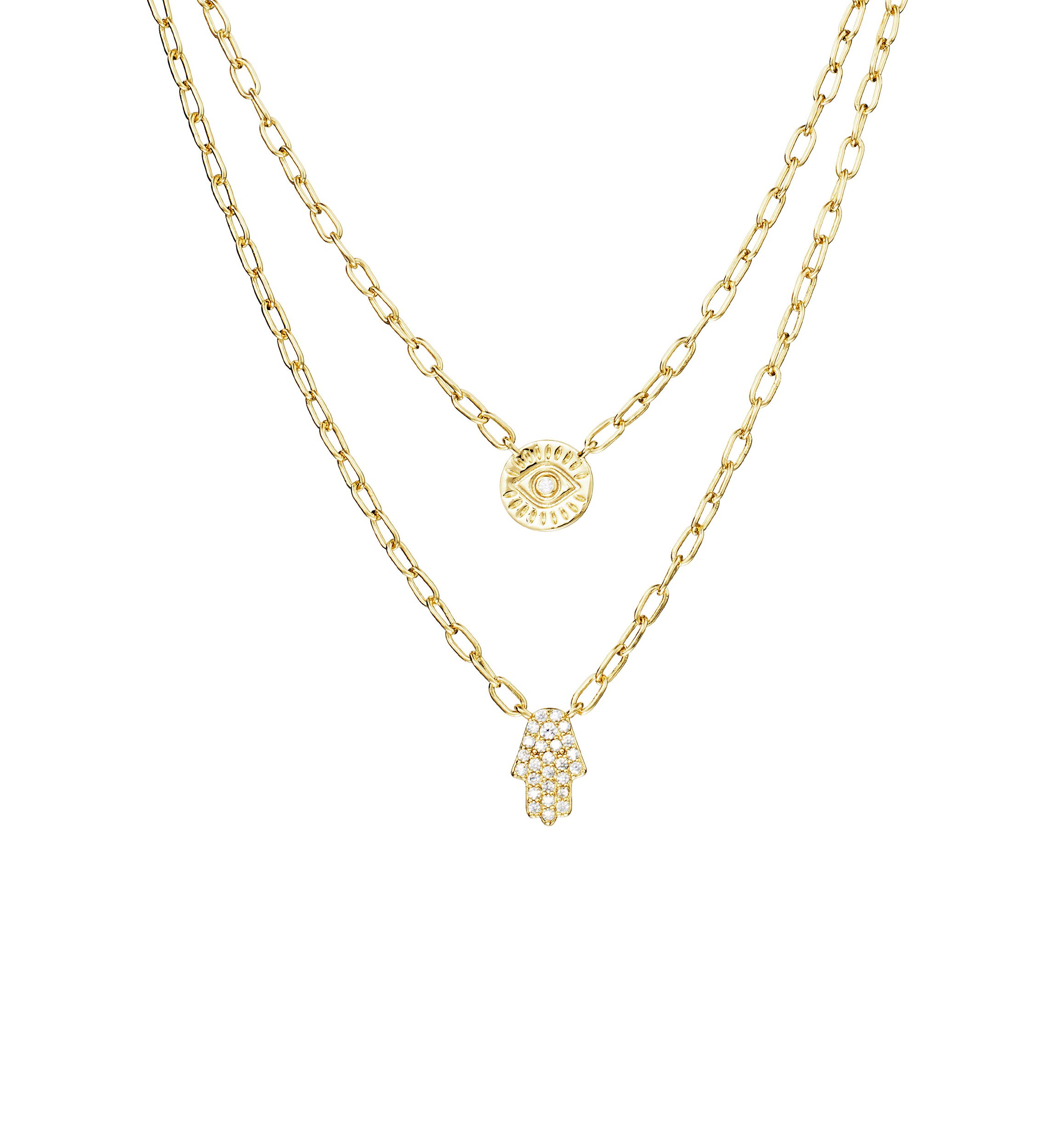 Gold Plated Cubic Zirconia Hamsa and Evil Eye Double Layer Necklace