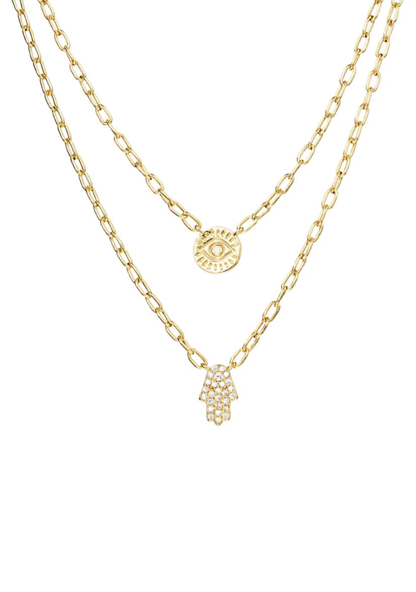 Gold Plated Cubic Zirconia Hamsa and Evil Eye Double Layer Necklace