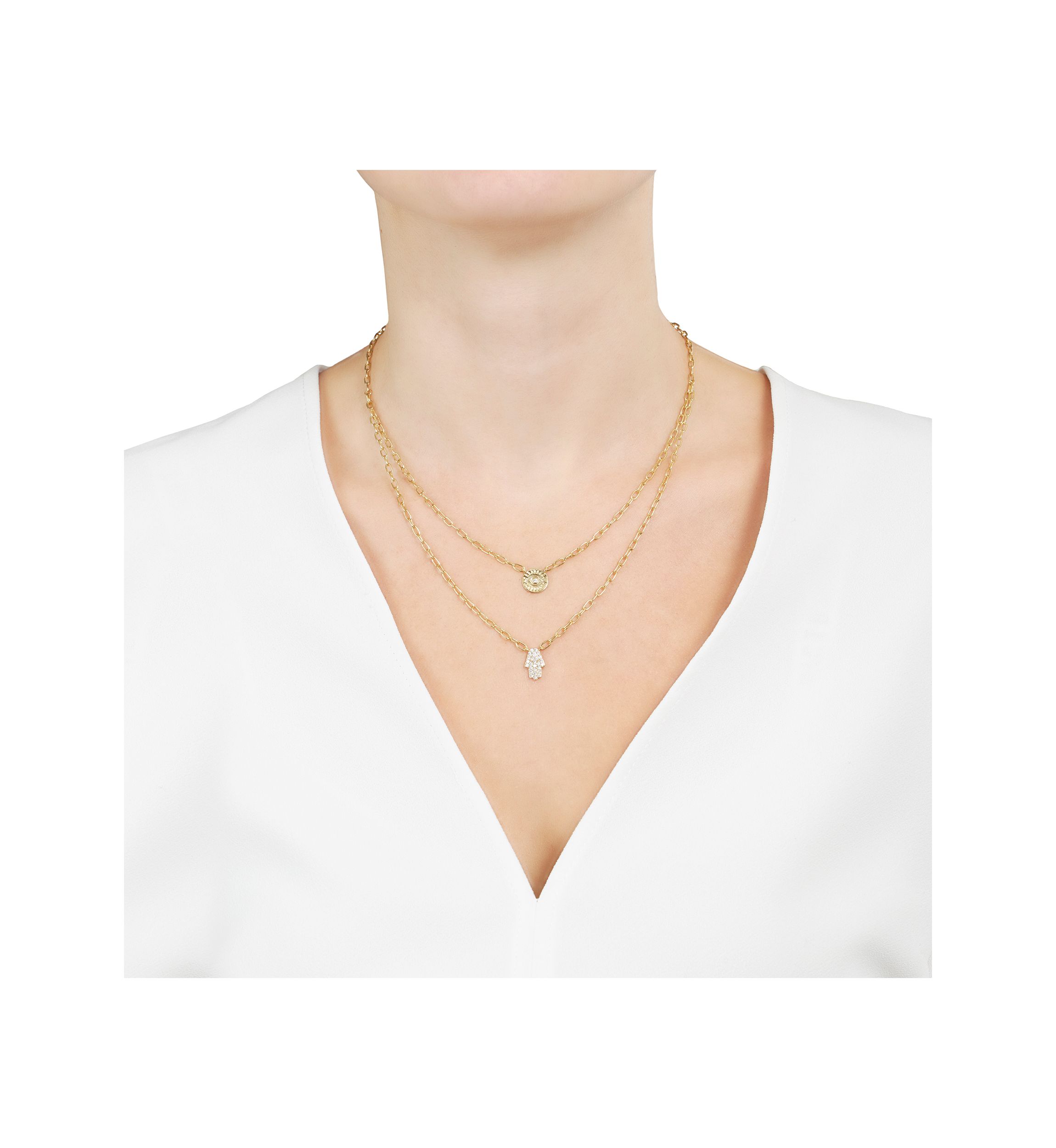 Gold Plated Cubic Zirconia Hamsa and Evil Eye Double Layer Necklace