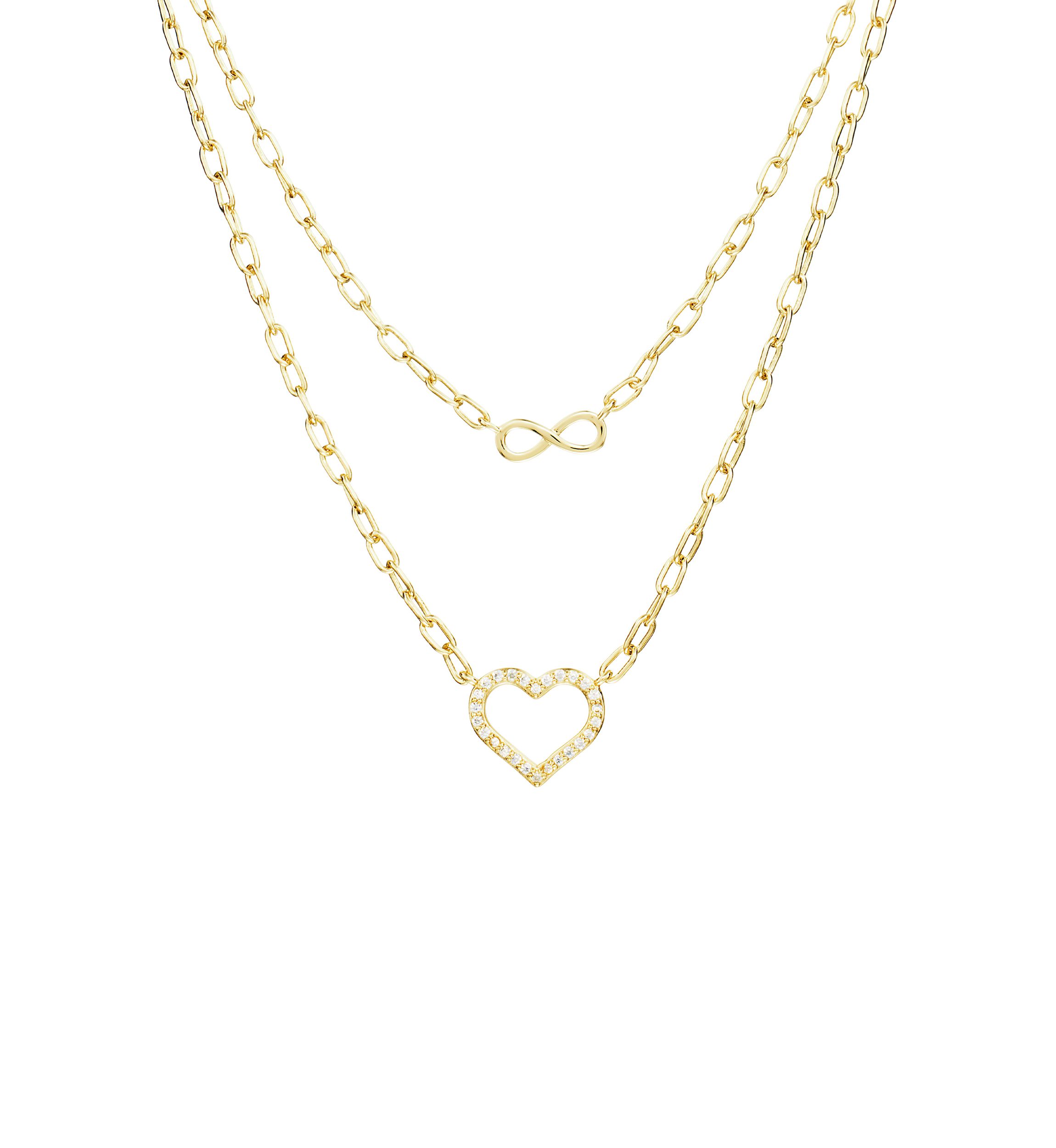 Gold Plated Cubic Zirconia Open Heart and Infinity Double Layer Necklace