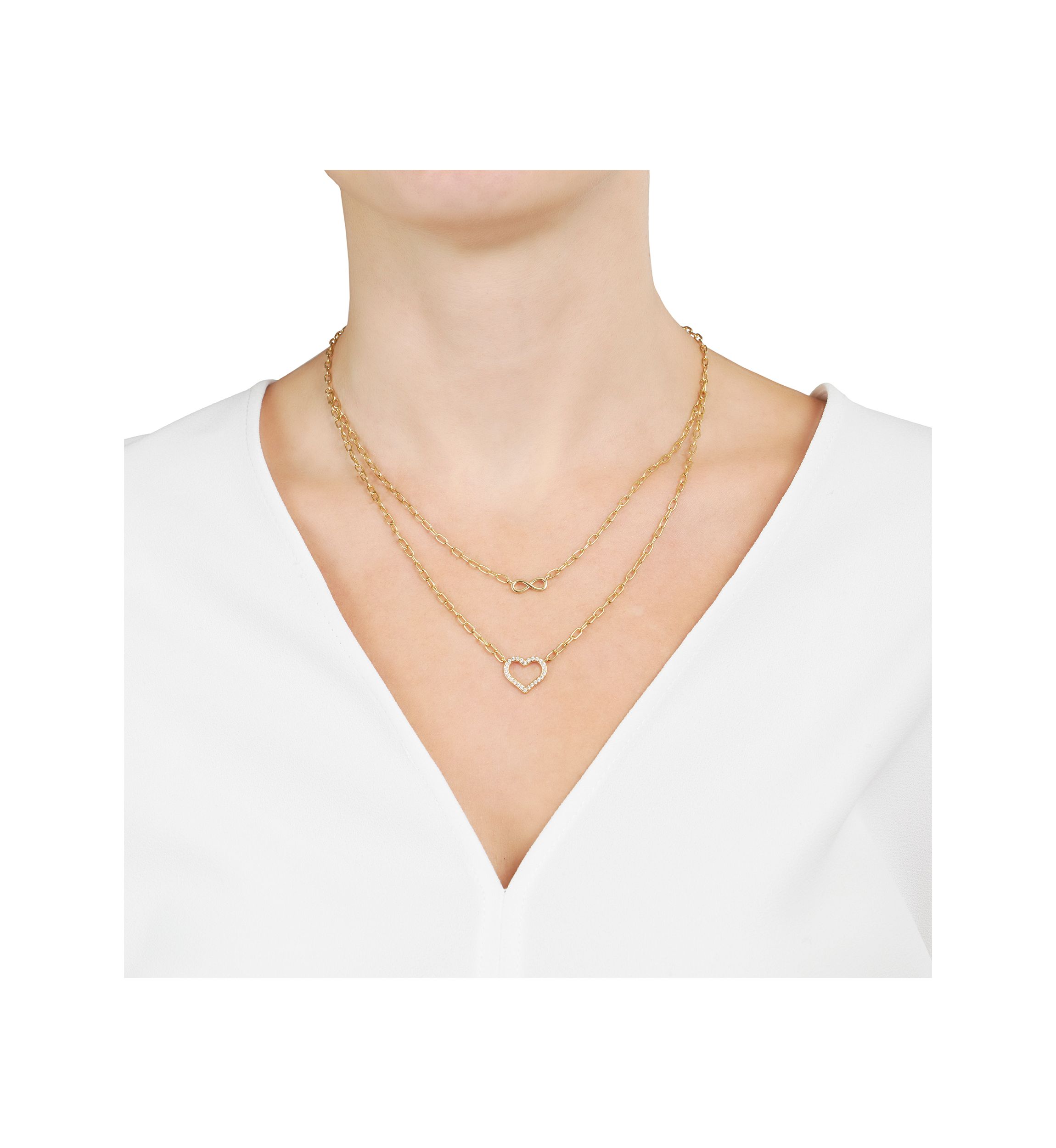 Gold Plated Cubic Zirconia Open Heart and Infinity Double Layer Necklace