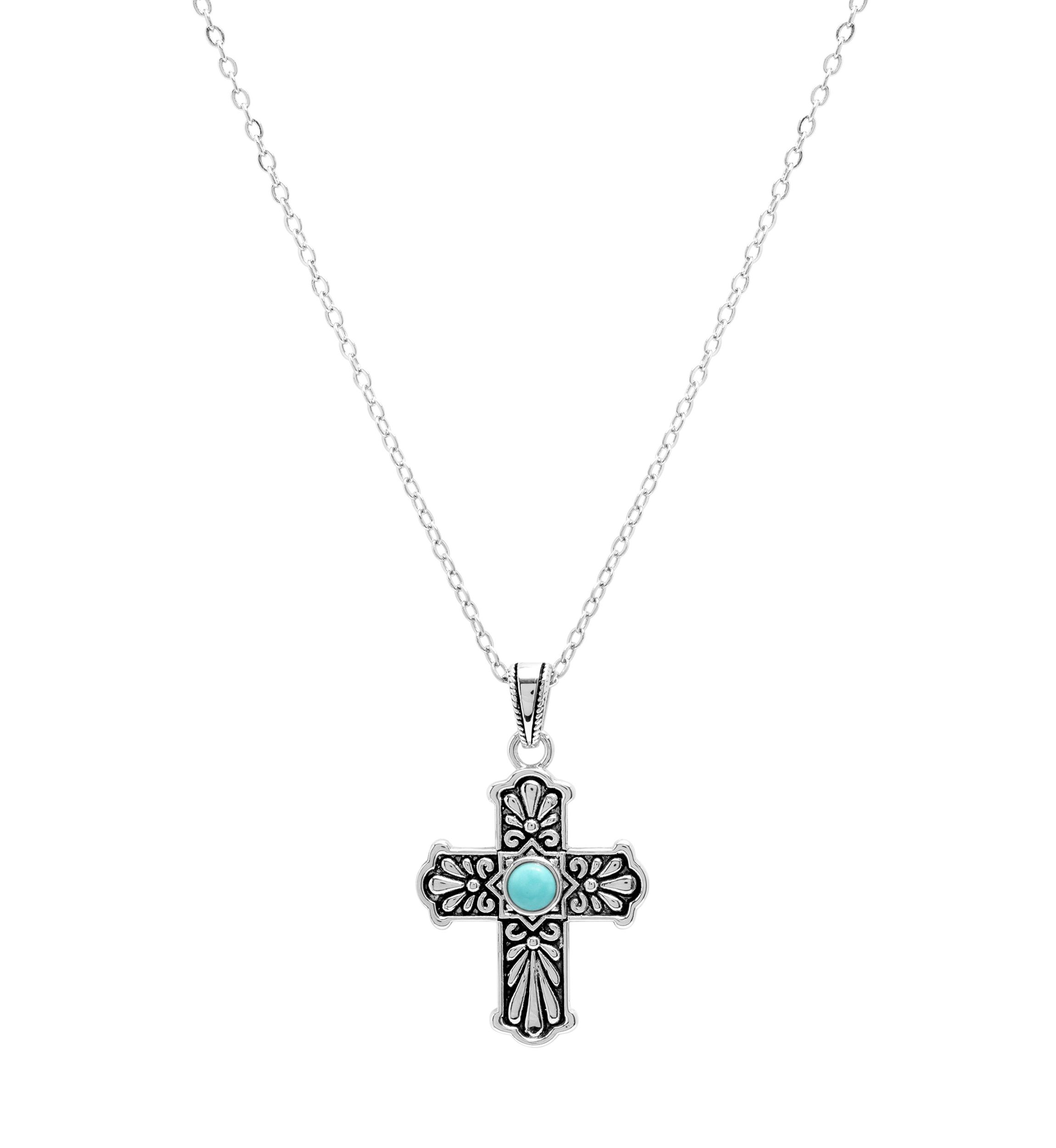 Silver Plated 16 + 2" Genuine Turquoise Howlite Cross Pendant Necklace