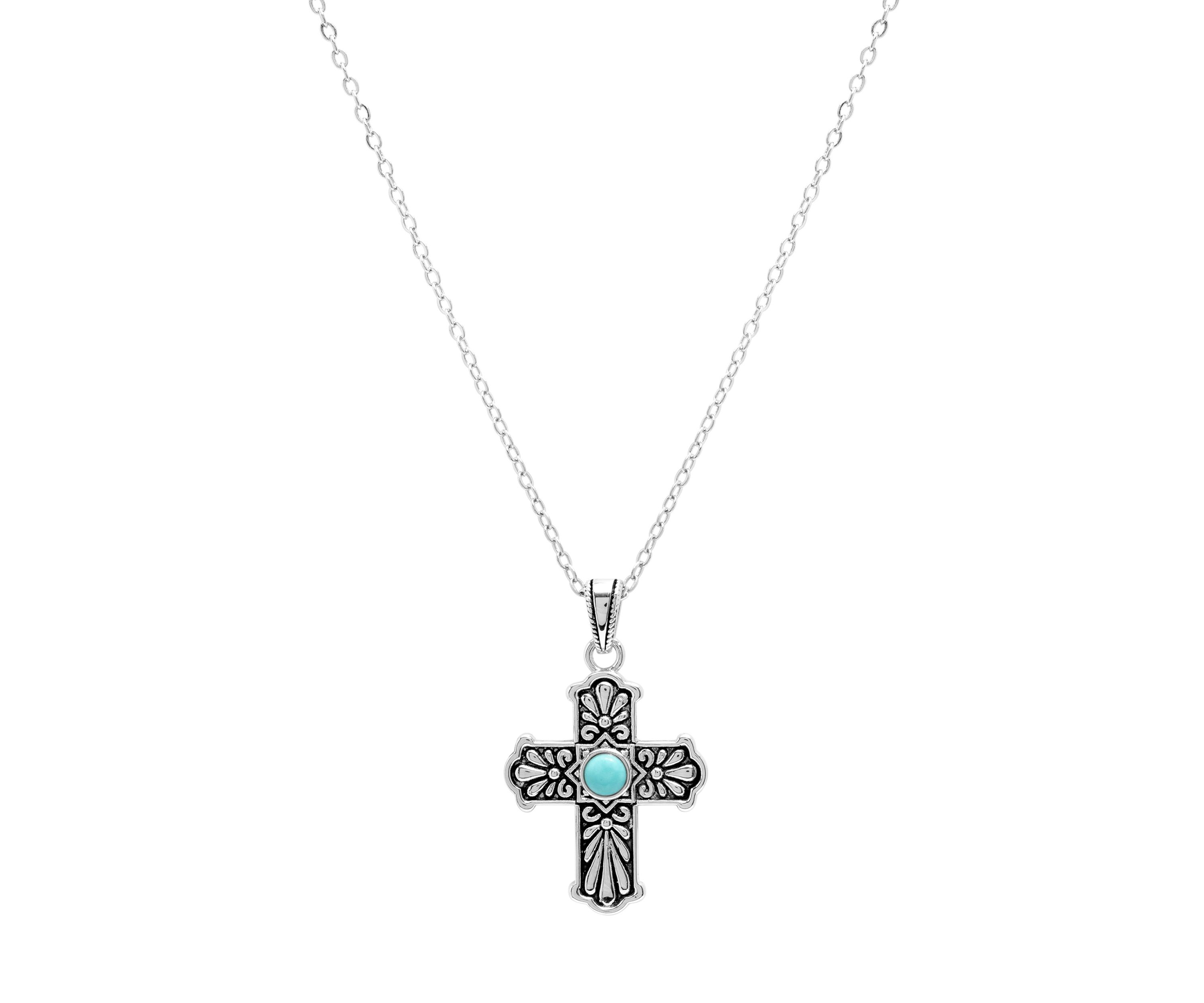 Silver Plated 16 + 2" Genuine Turquoise Howlite Cross Pendant Necklace