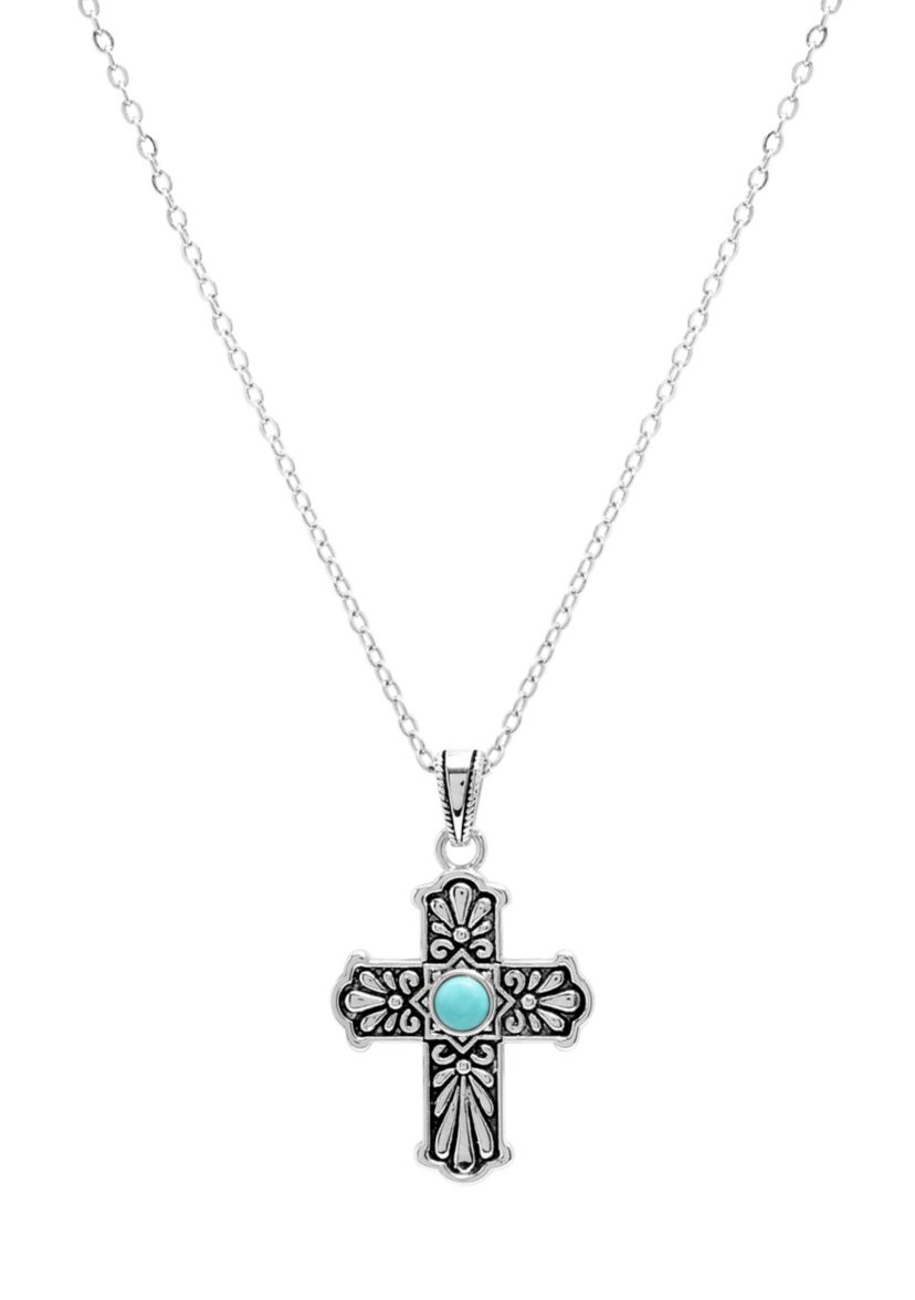 Silver Plated 16 + 2" Genuine Turquoise Howlite Cross Pendant Necklace