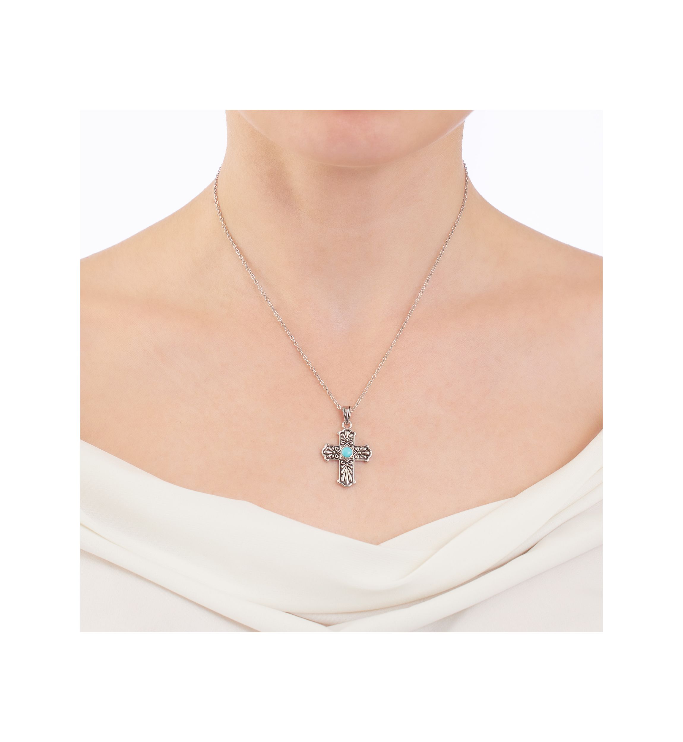 Silver Plated 16 + 2" Genuine Turquoise Howlite Cross Pendant Necklace