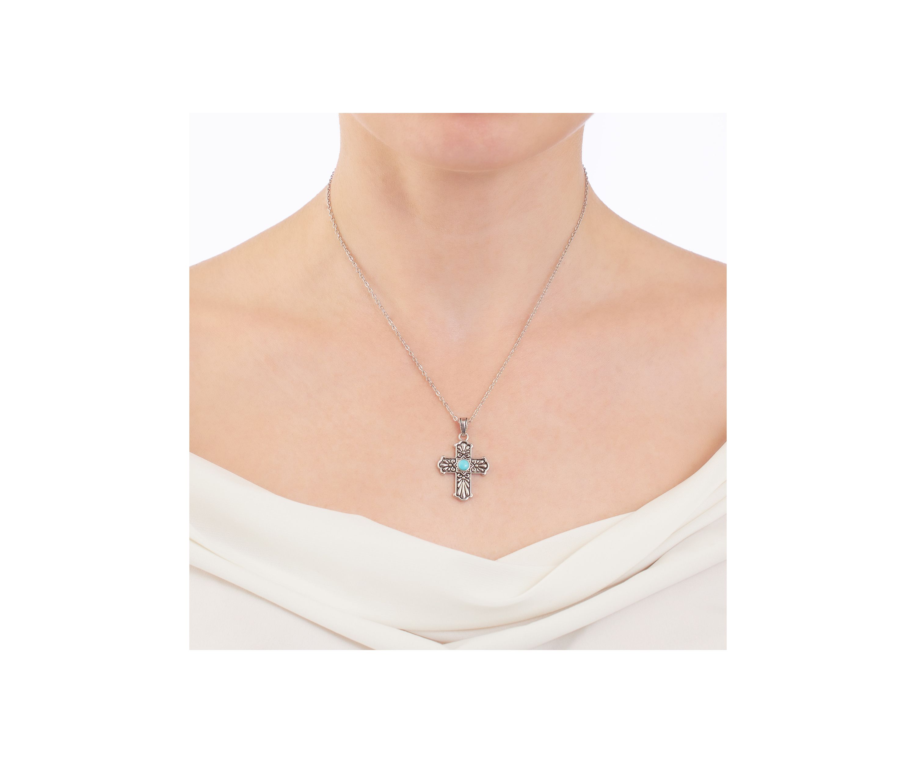 Silver Plated 16 + 2" Genuine Turquoise Howlite Cross Pendant Necklace