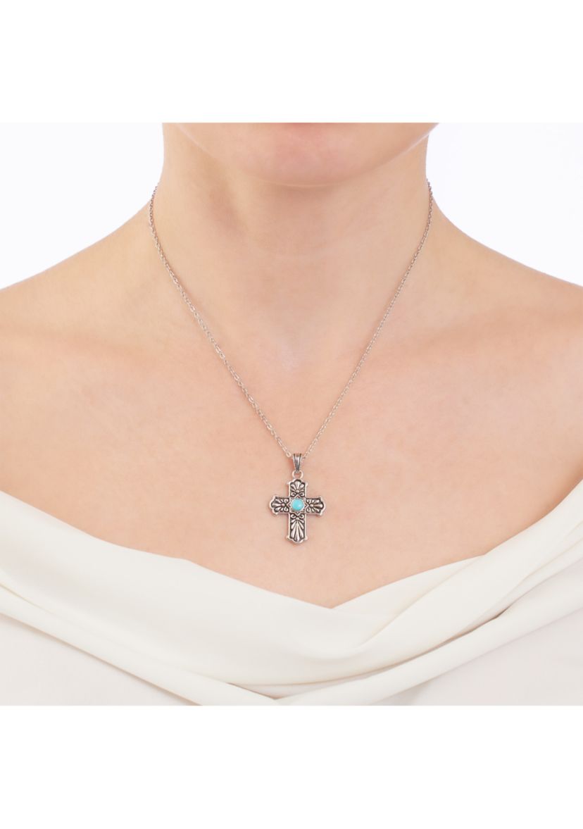 Silver Plated 16 + 2" Genuine Turquoise Howlite Cross Pendant Necklace