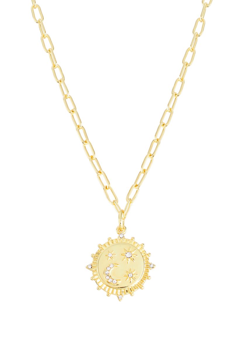 Gold Plated 16 + 2" Extender Crystal Pavé Moon and Stars Pendant Necklace
