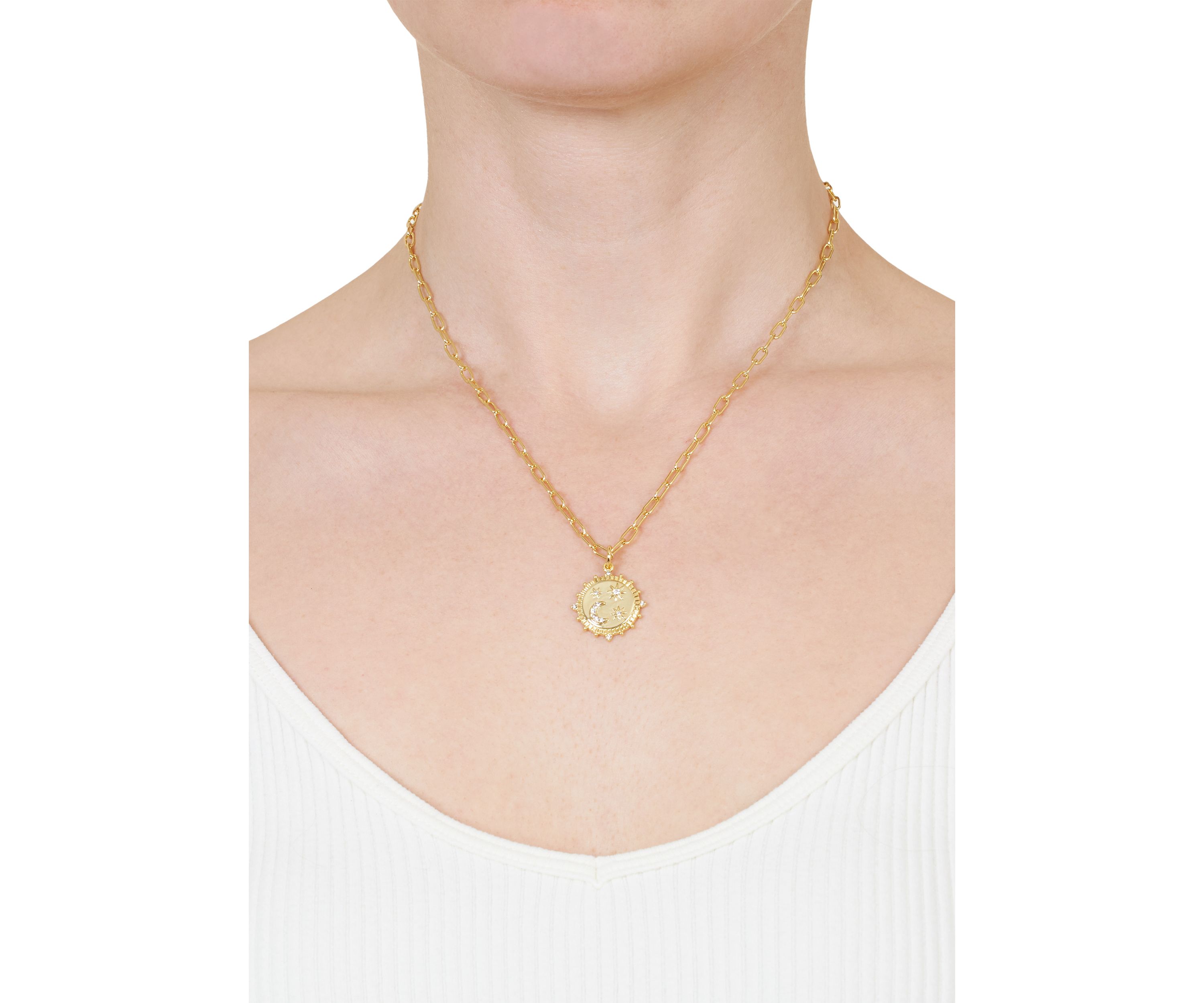 Gold Plated 16 + 2" Extender Crystal Pavé Moon and Stars Pendant Necklace