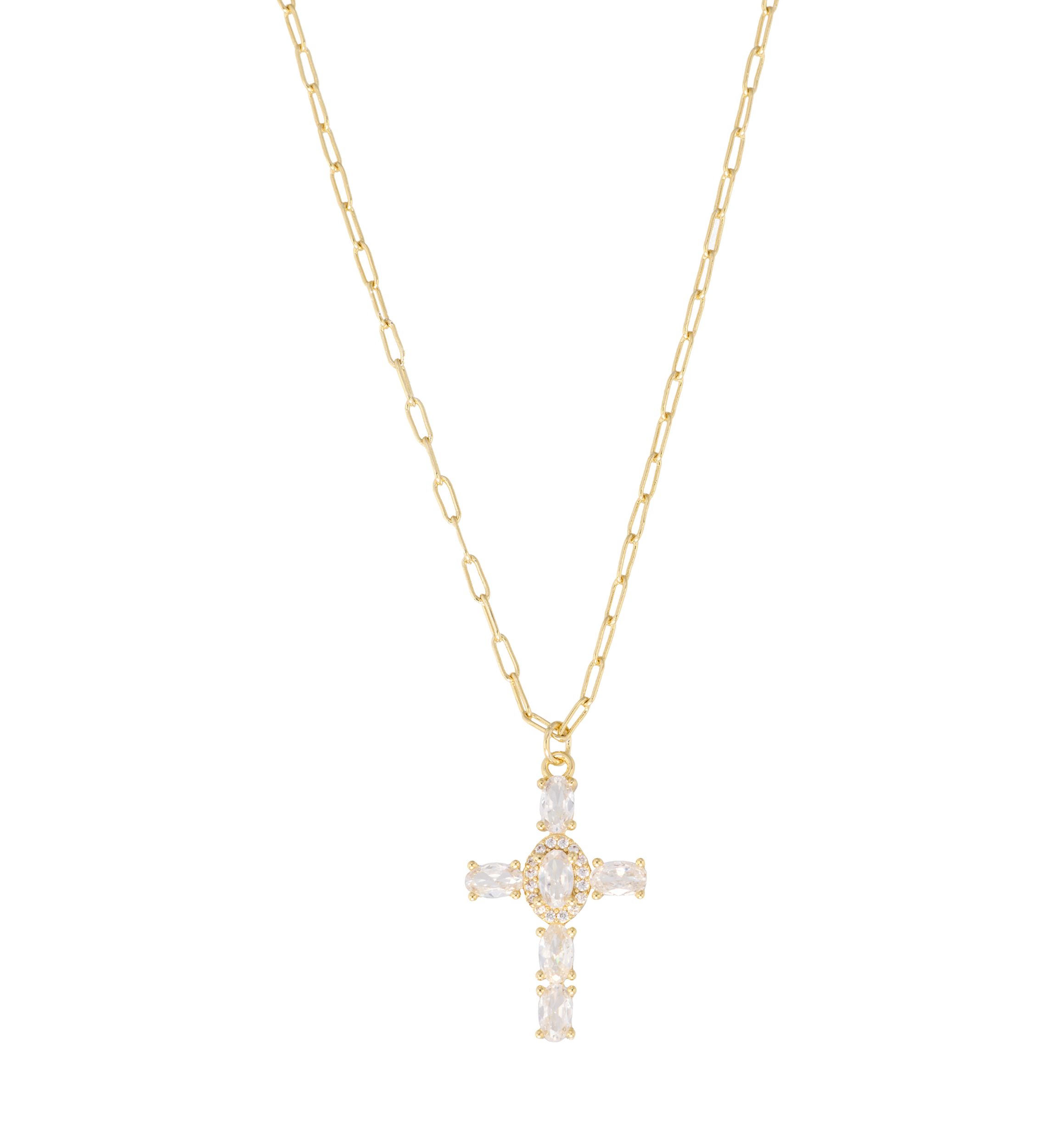 Gold Plated Cubic Zirconia Cross Paperclip Chain Necklace