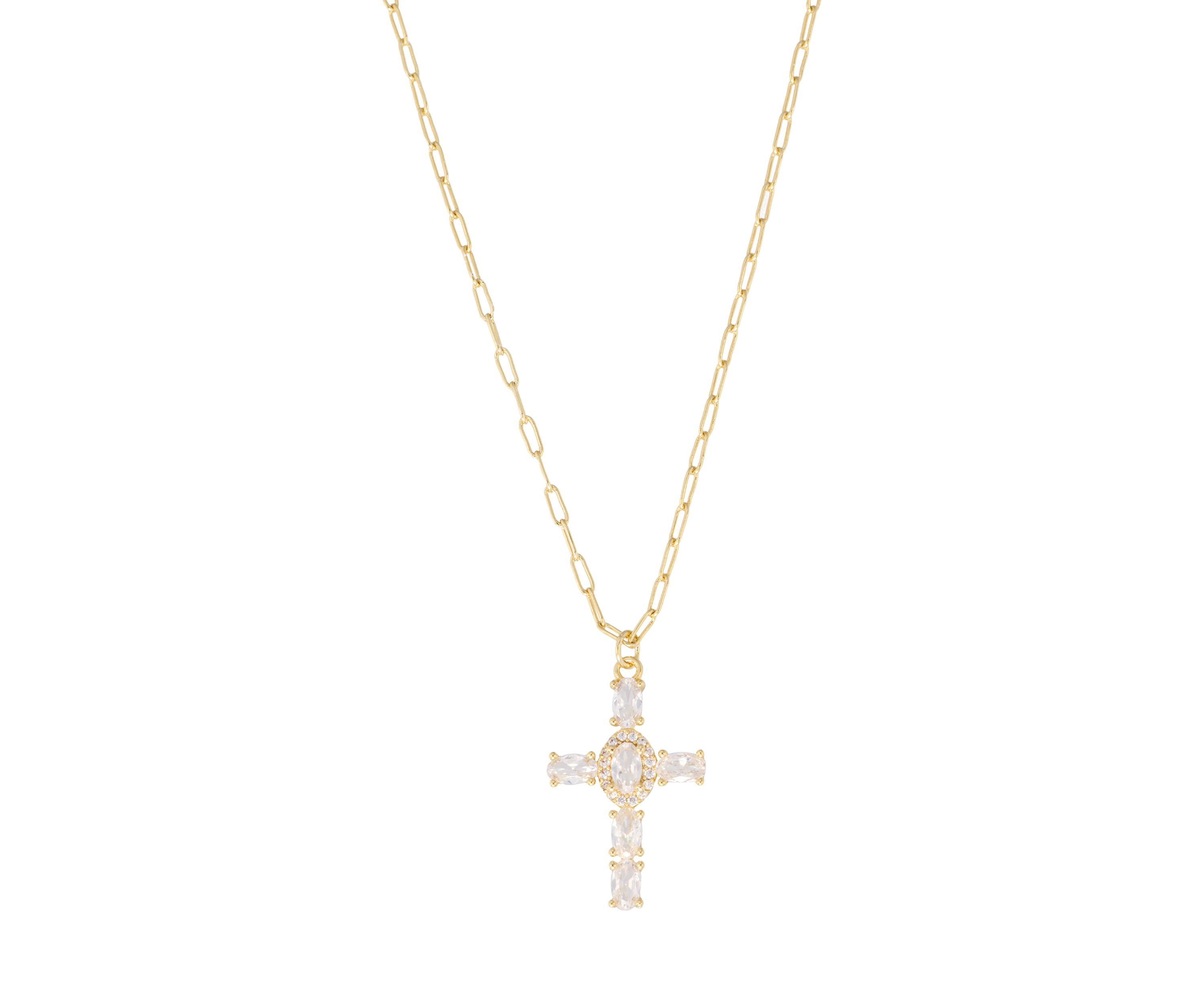 Gold Plated Cubic Zirconia Cross Paperclip Chain Necklace