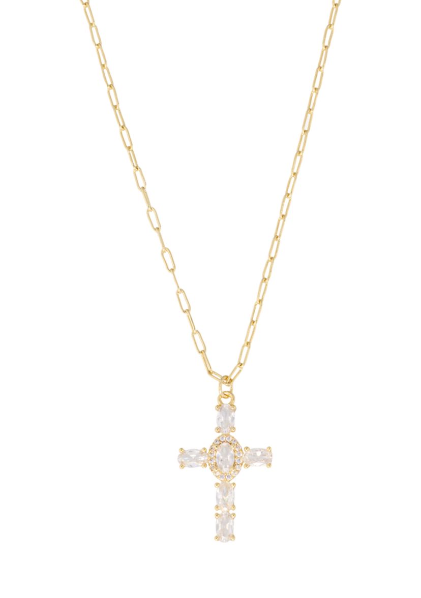 Gold Plated Cubic Zirconia Cross Paperclip Chain Necklace