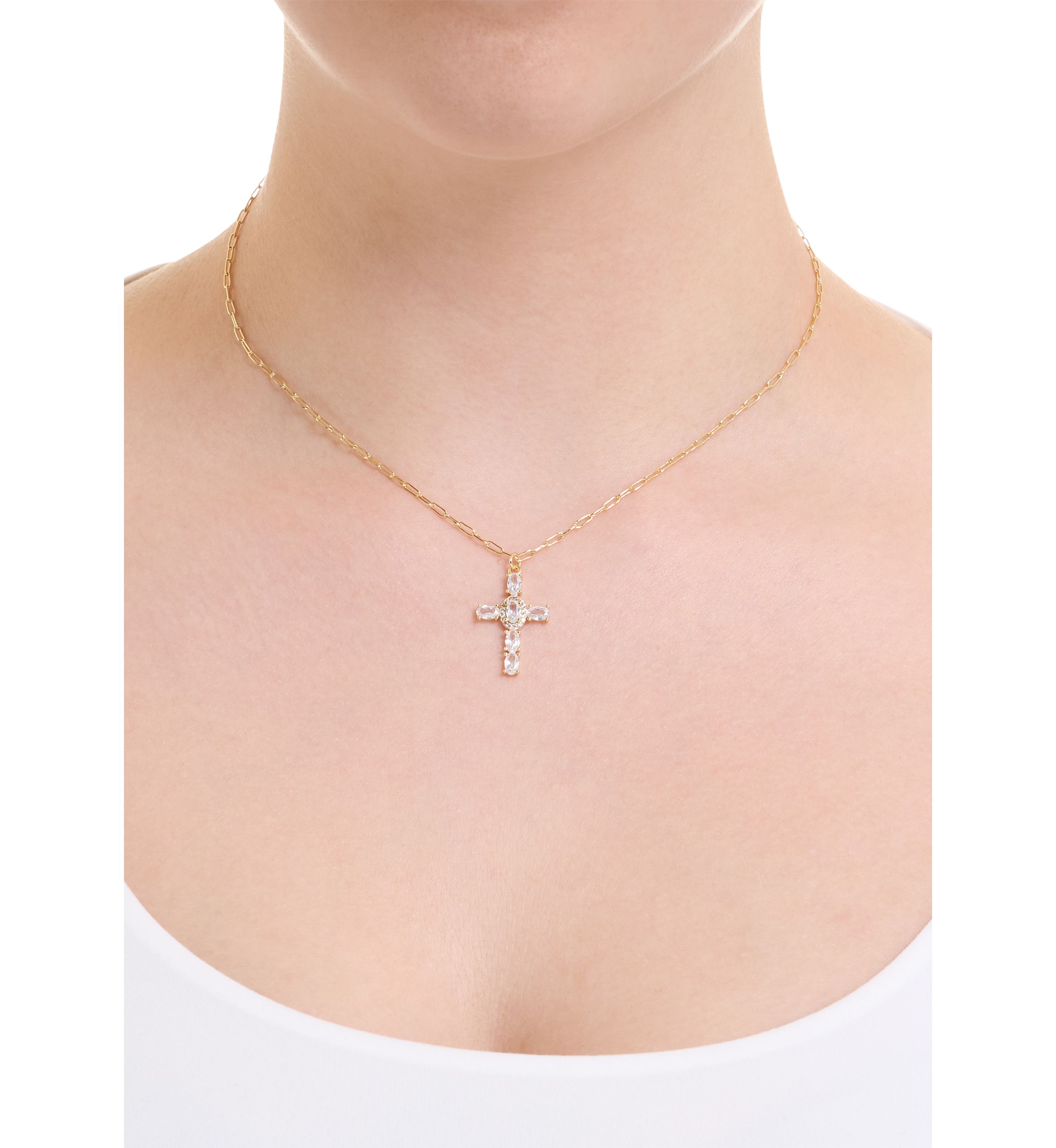 Gold Plated Cubic Zirconia Cross Paperclip Chain Necklace