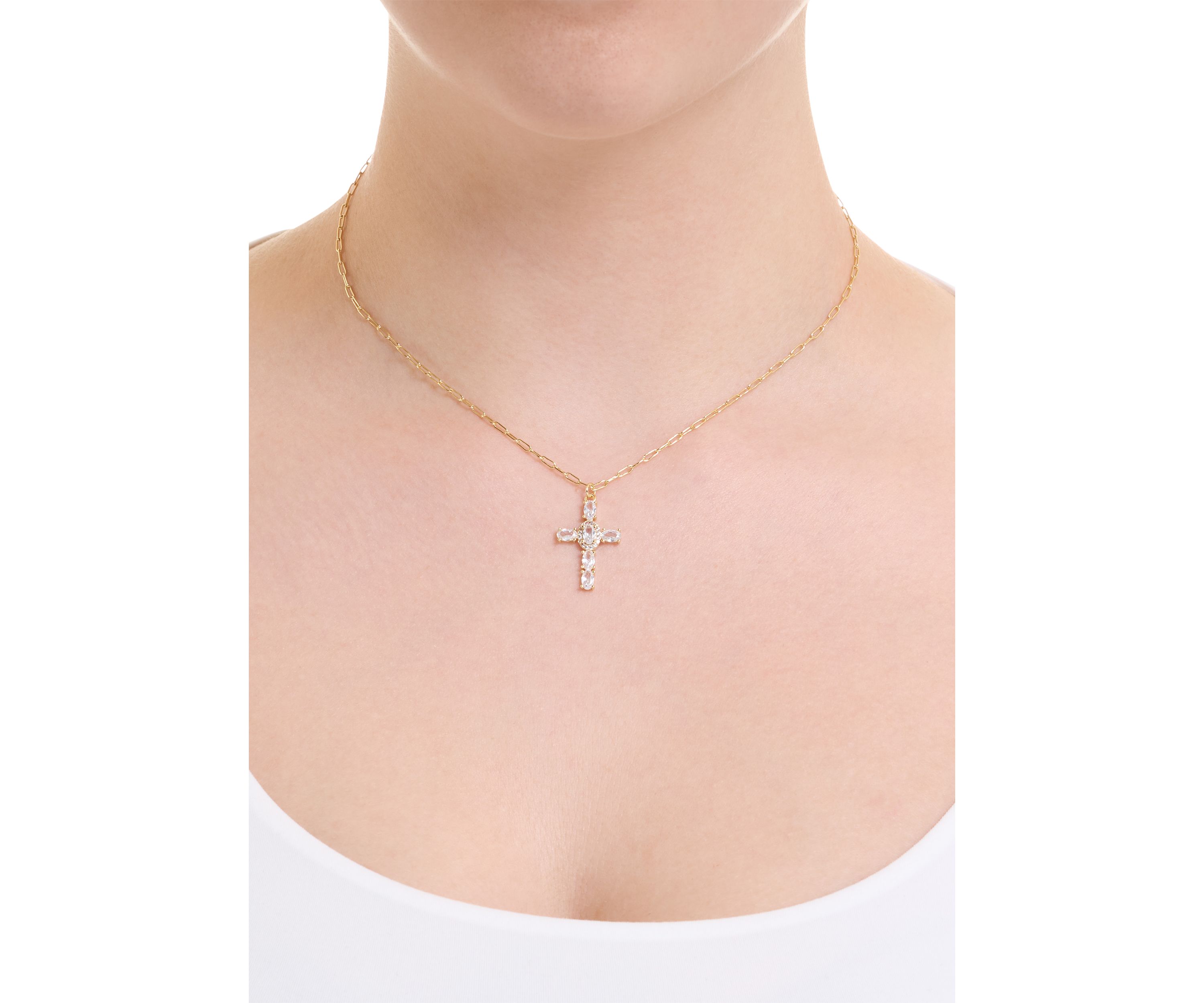 Gold Plated Cubic Zirconia Cross Paperclip Chain Necklace