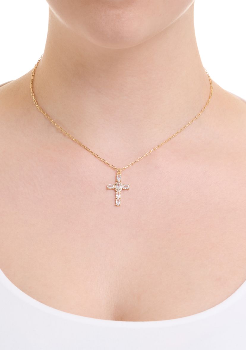 Gold Plated Cubic Zirconia Cross Paperclip Chain Necklace