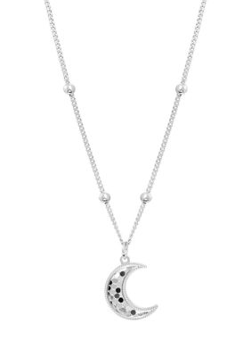Silver Plated Diamond-Cut Moon Halo Pendant Necklace