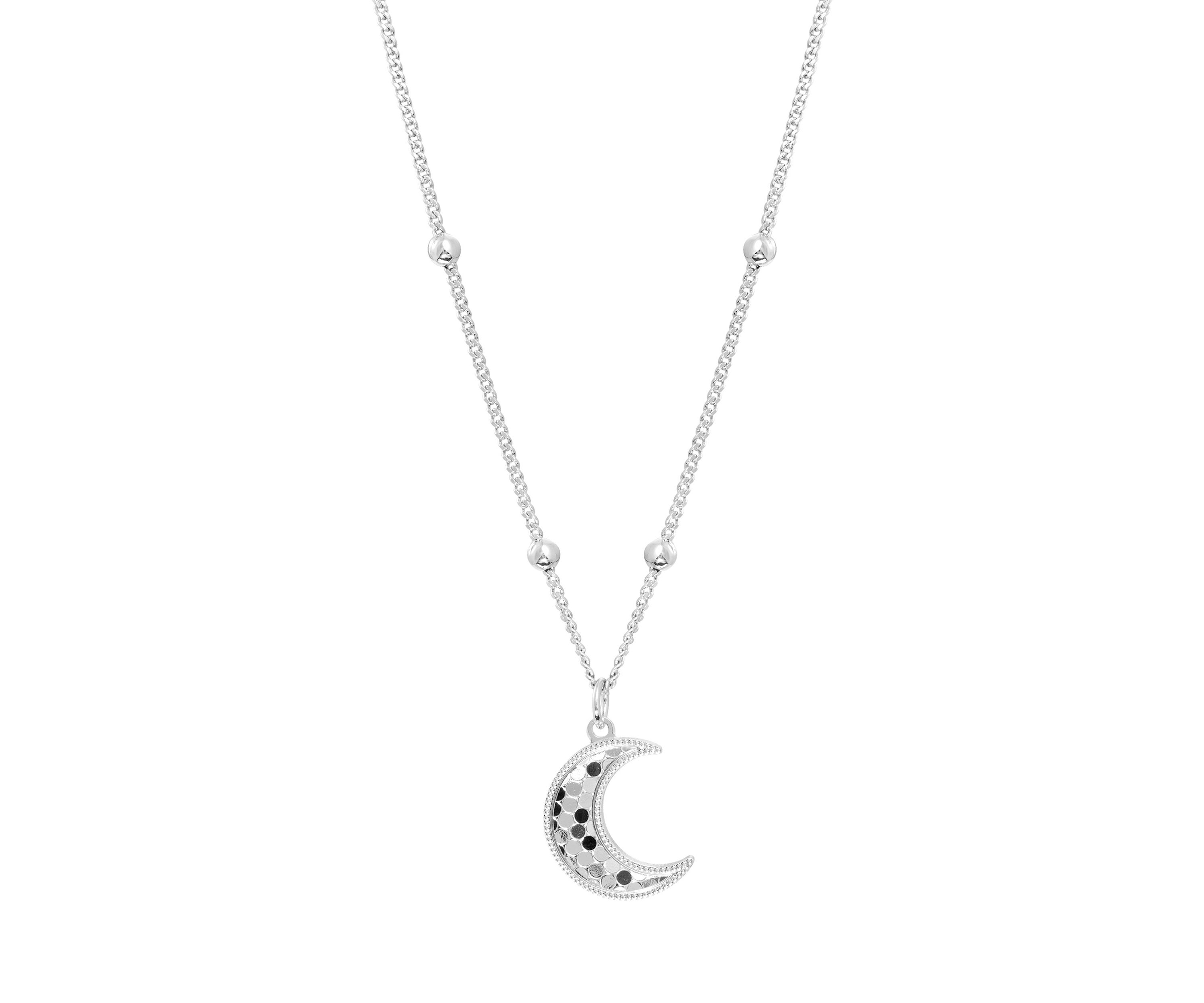 Silver Plated Diamond-Cut Moon Halo Pendant Necklace
