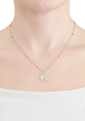 Silver Plated Diamond-Cut Moon Halo Pendant Necklace