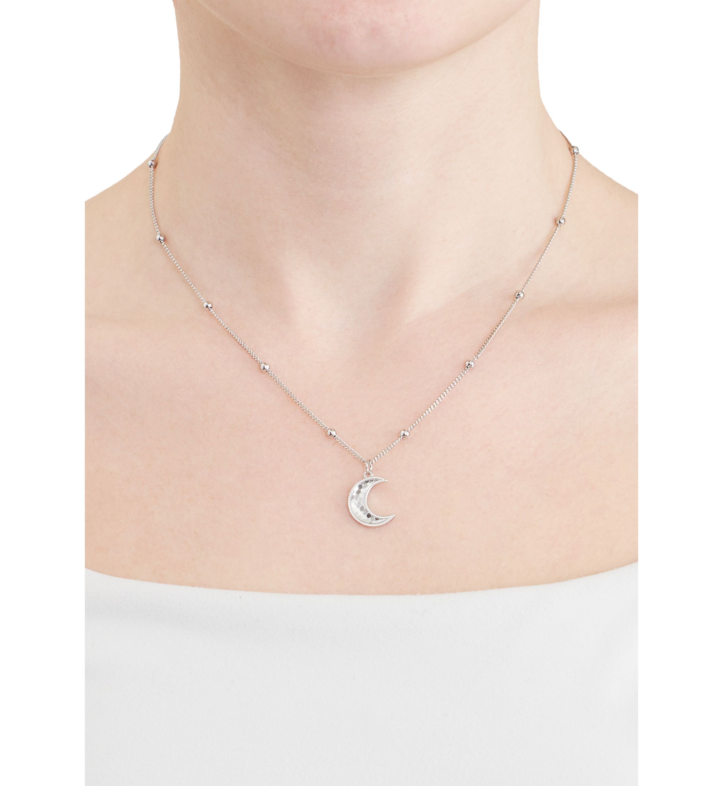 Silver Plated Diamond-Cut Moon Halo Pendant Necklace