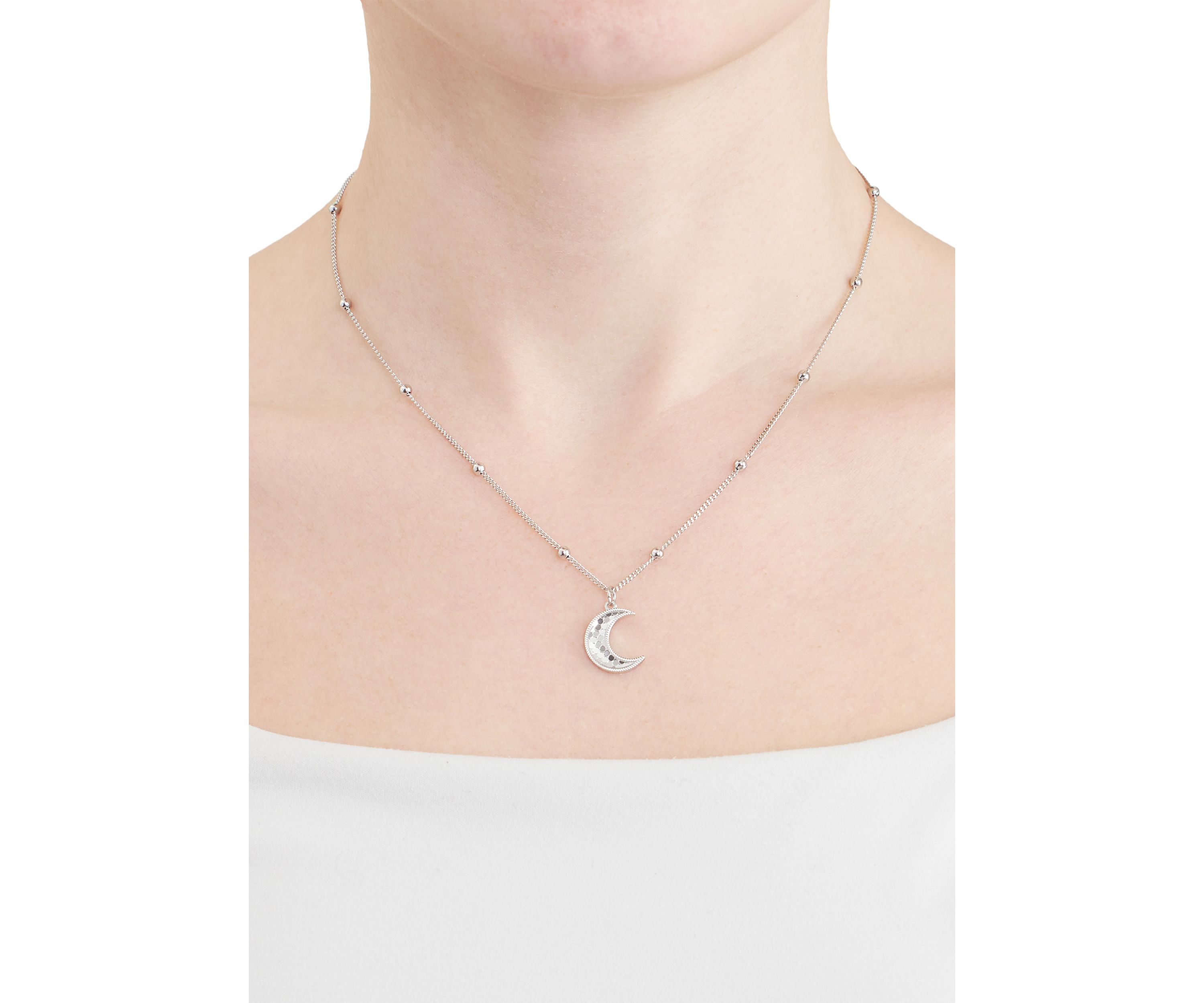 Silver Plated Diamond-Cut Moon Halo Pendant Necklace