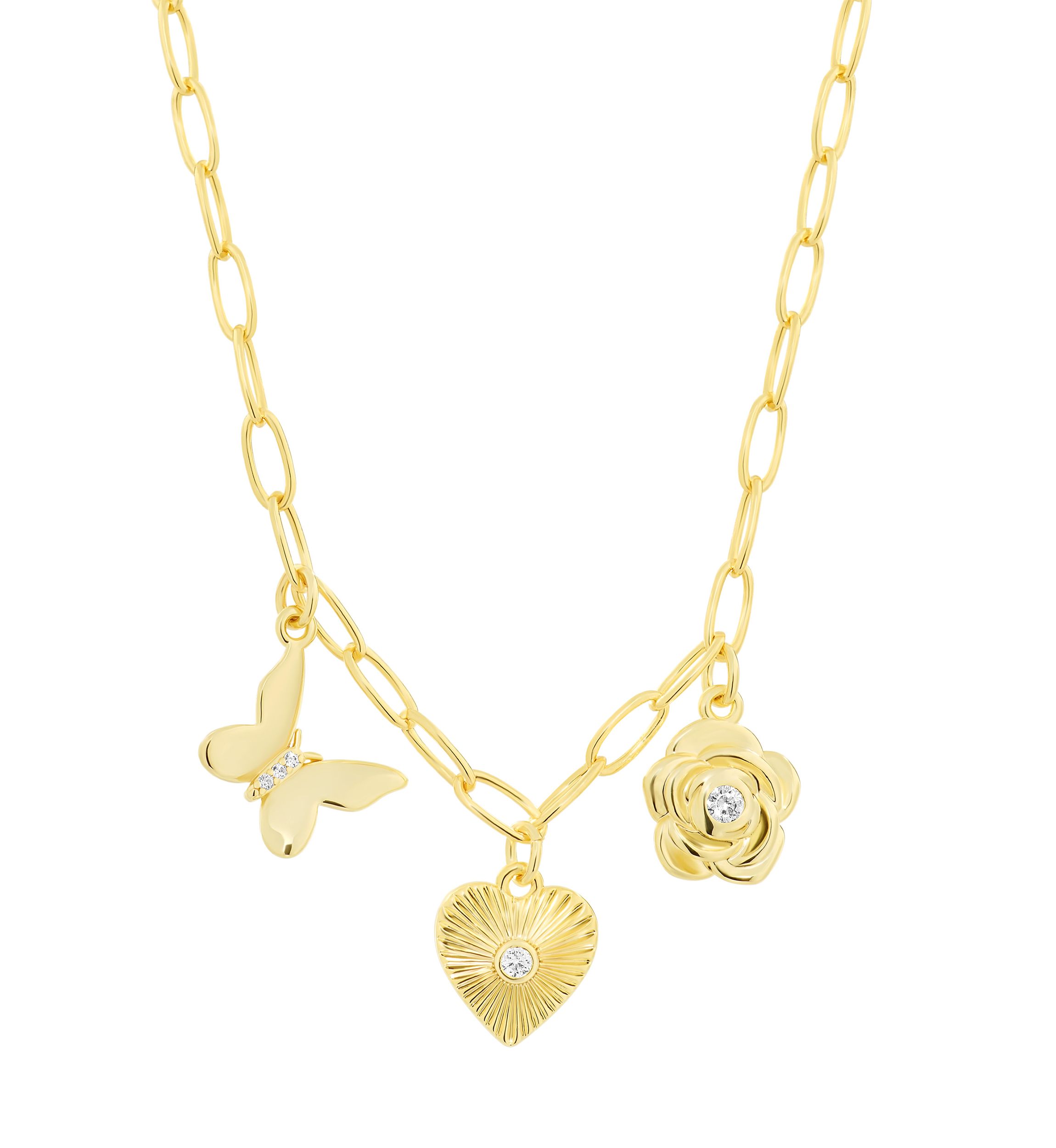 Gold Plated Cubic Zirconia and Crystal 3 Charm Paperclip Necklace