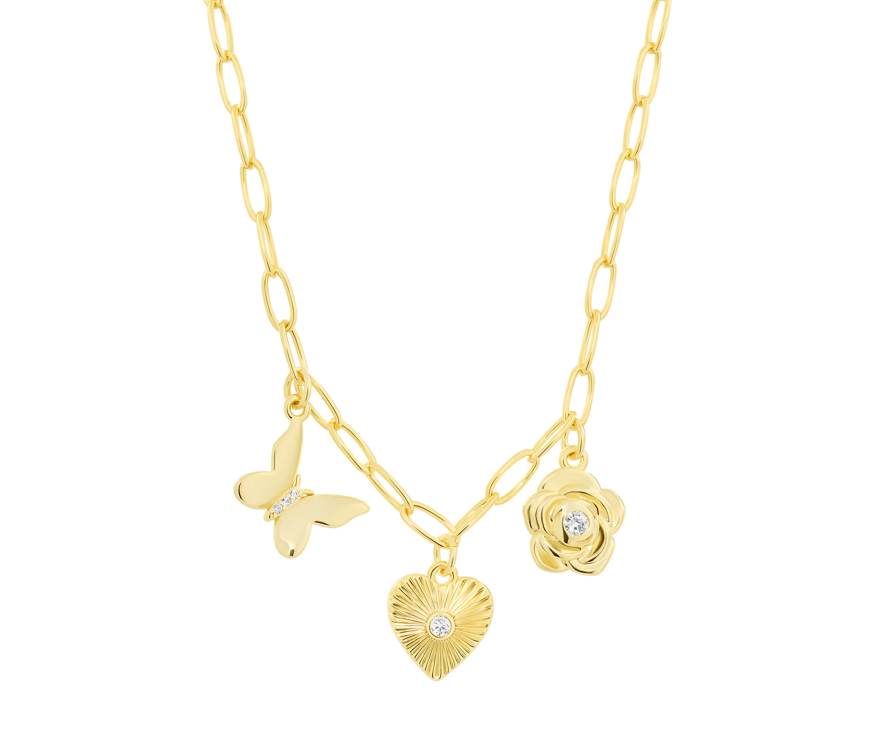 Gold Plated Cubic Zirconia and Crystal 3 Charm Paperclip Necklace